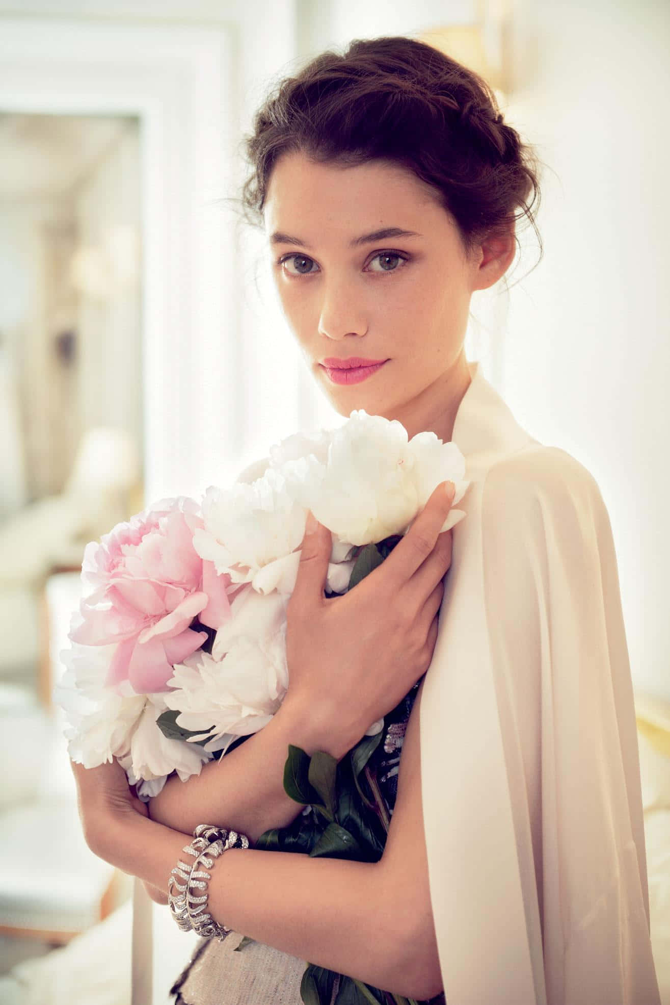 Astrid Berges-Frisbey, pink and white peonies, cream shawl, Full HD Phone Wallpaper