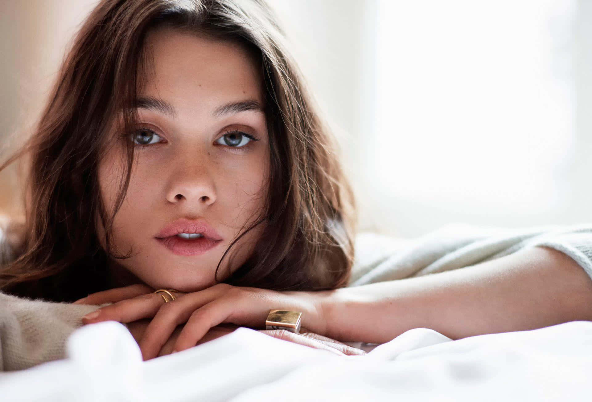 Astrid Berges-Frisbey, brown hair, white bedding, Full HD Desktop Wallpaper