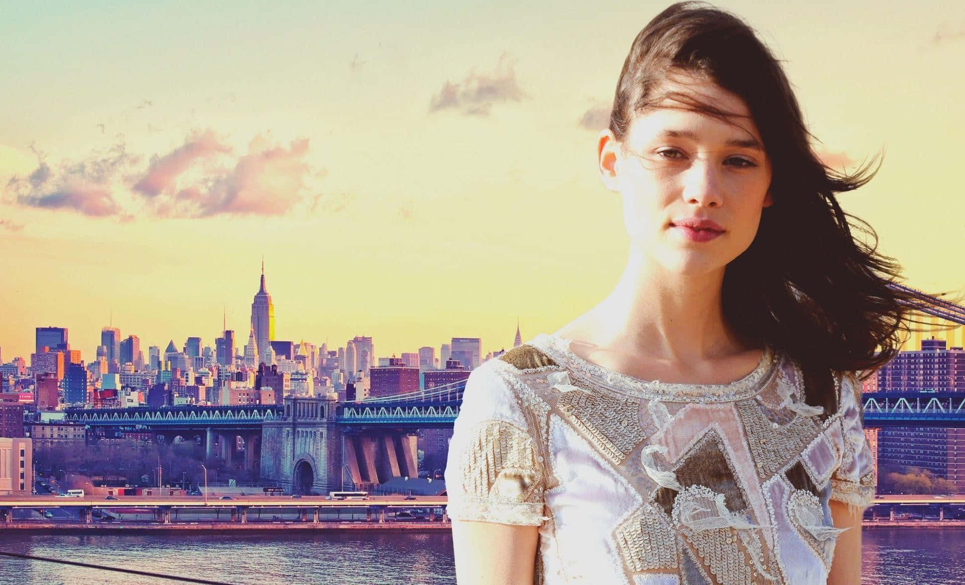 Astrid Berges-Frisbey, blue background, golden-hued New York City skyline, Full HD Desktop Wallpaper