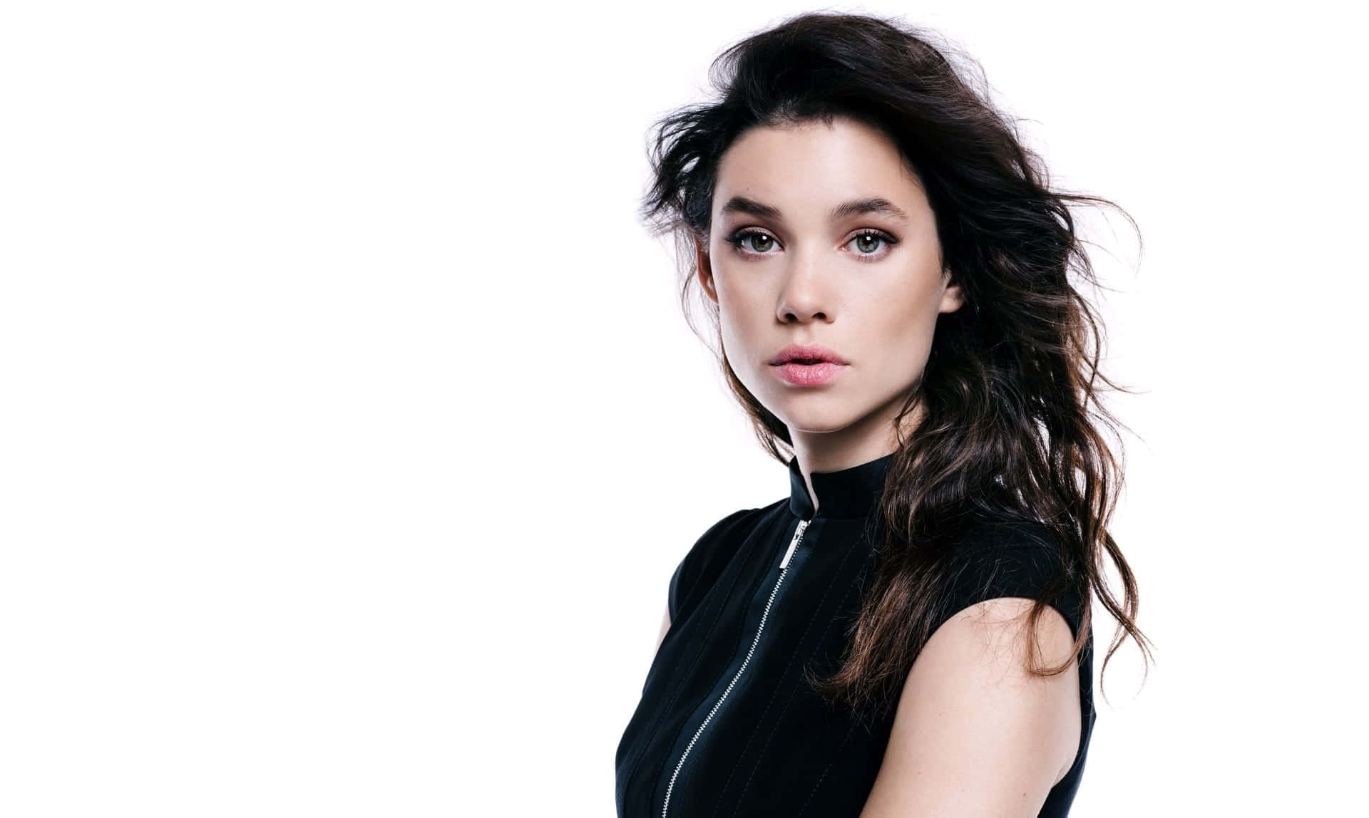 Astrid Berges-Frisbey, black zippered top, dark wavy hair, Full HD Desktop Wallpaper