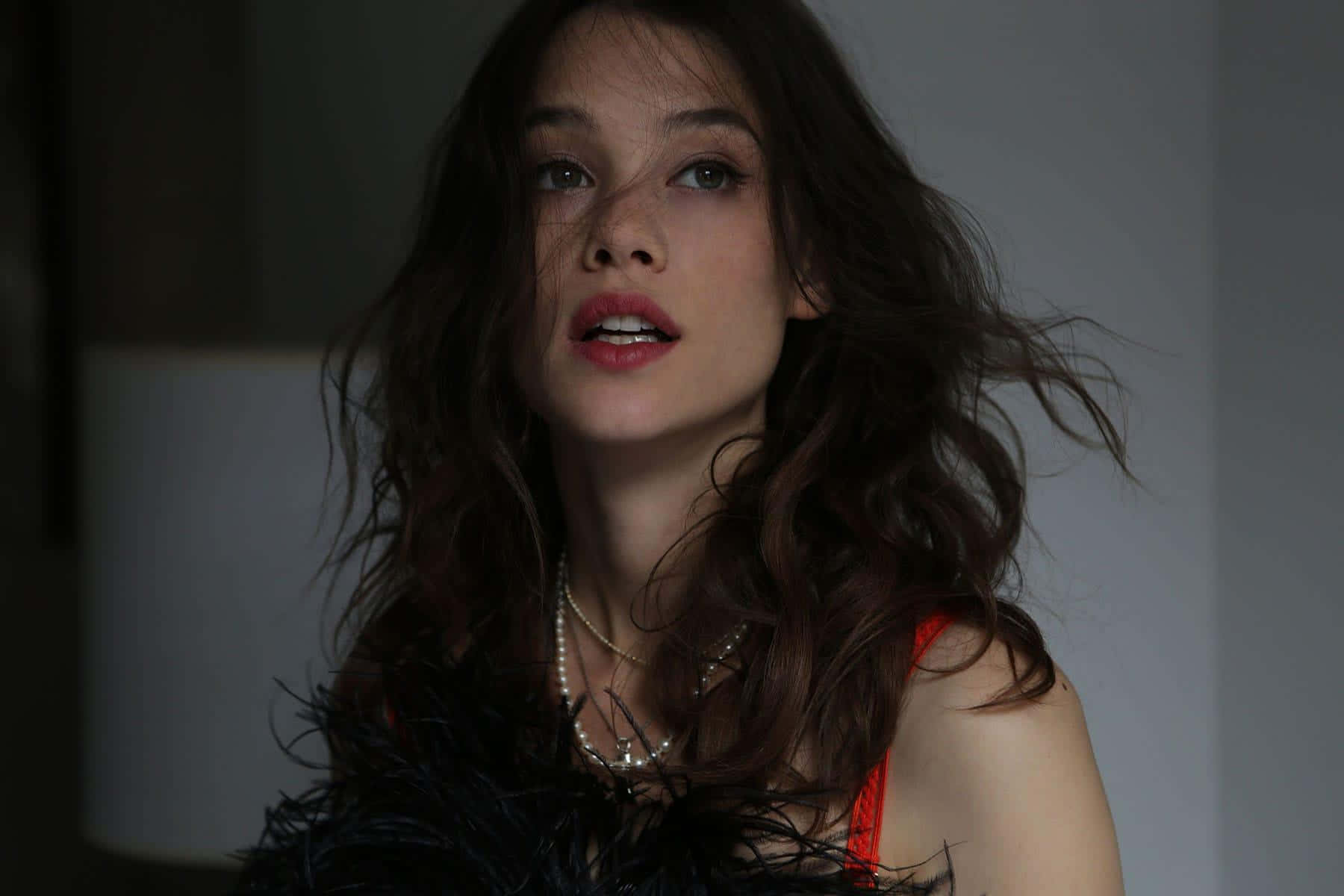 Astrid Berges Frisbey, feathered top, windswept dark hair, HD Desktop Wallpaper