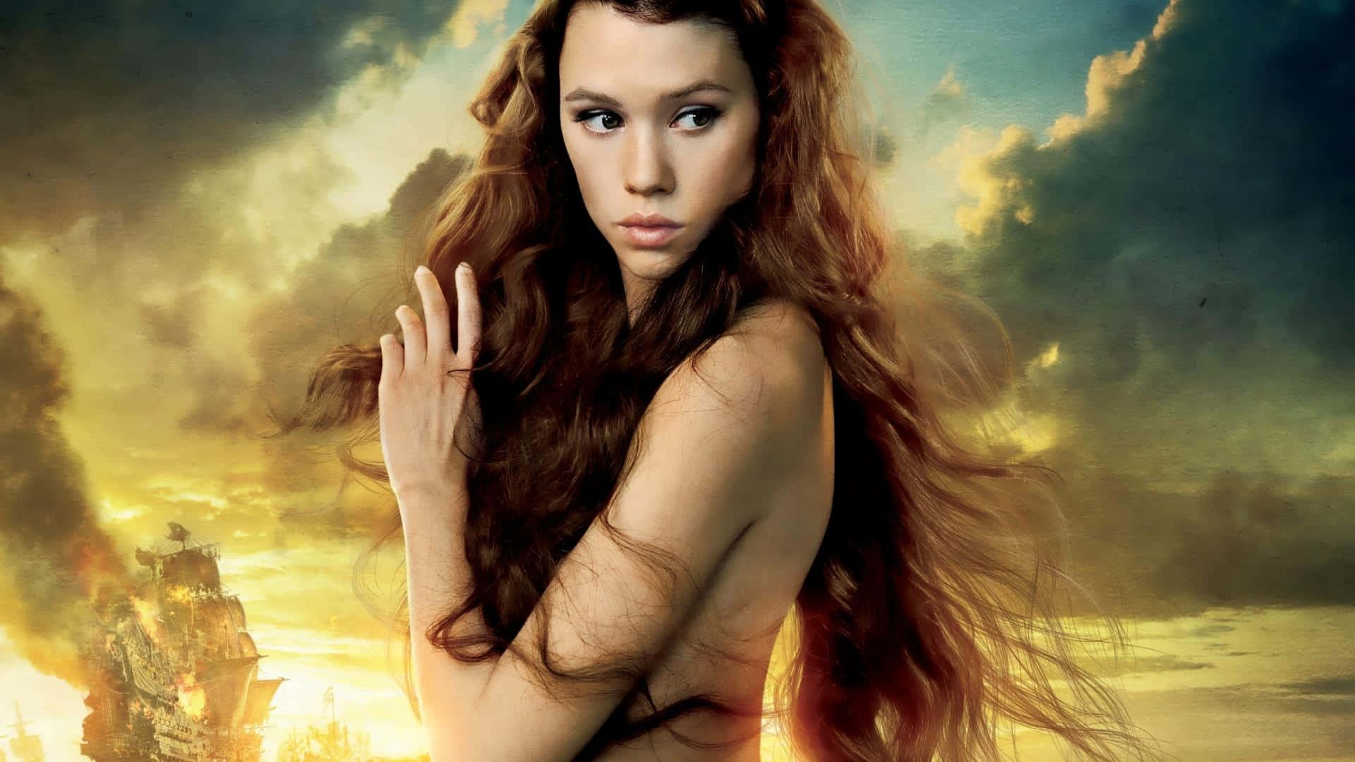 Astrid Berges Frisbey, dramatic sky, burning ship, Full HD Desktop Wallpaper