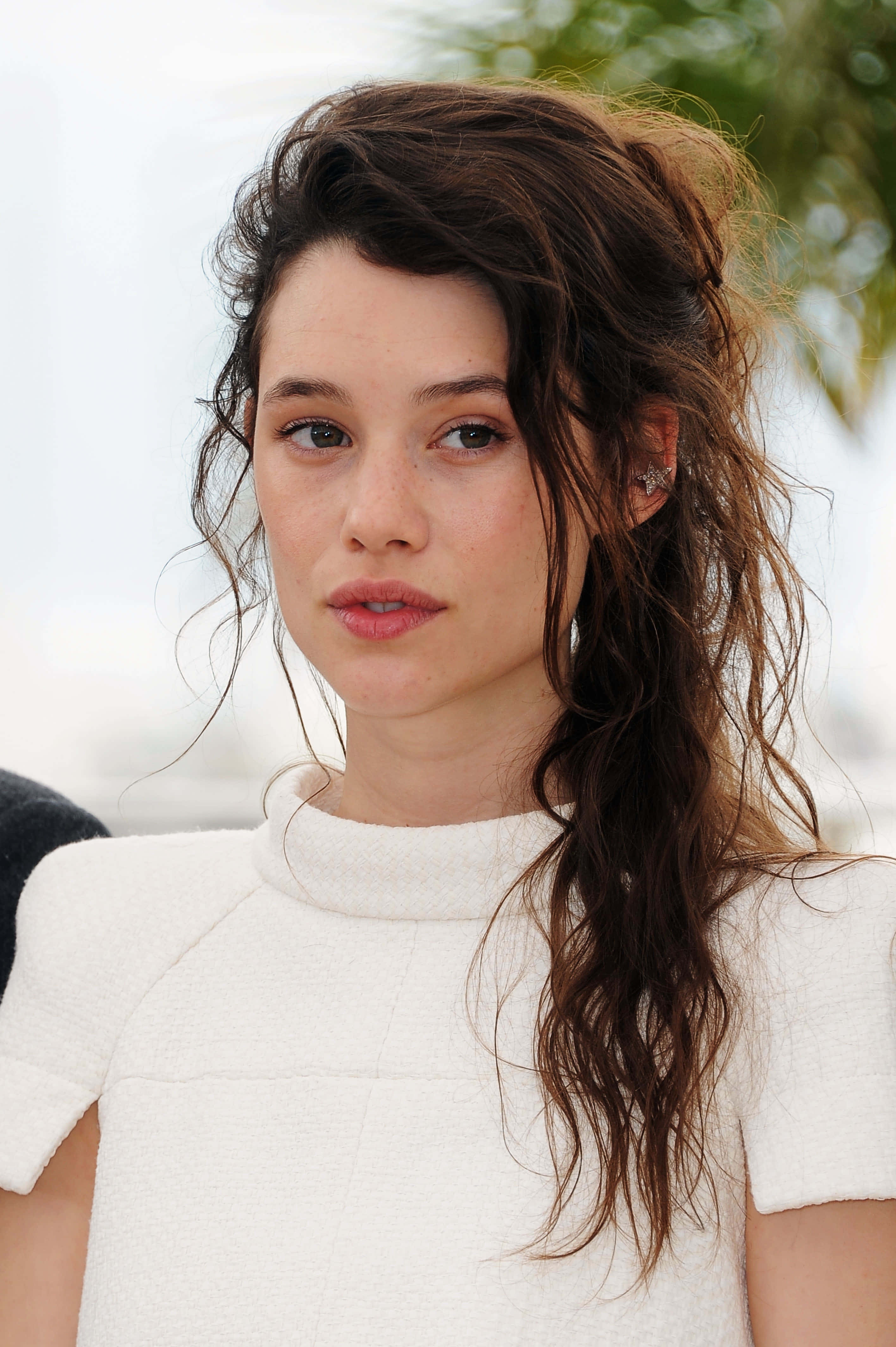 Astrid Berges-Frisbey, tousled brown hair, white textured top, 4K Phone Wallpaper