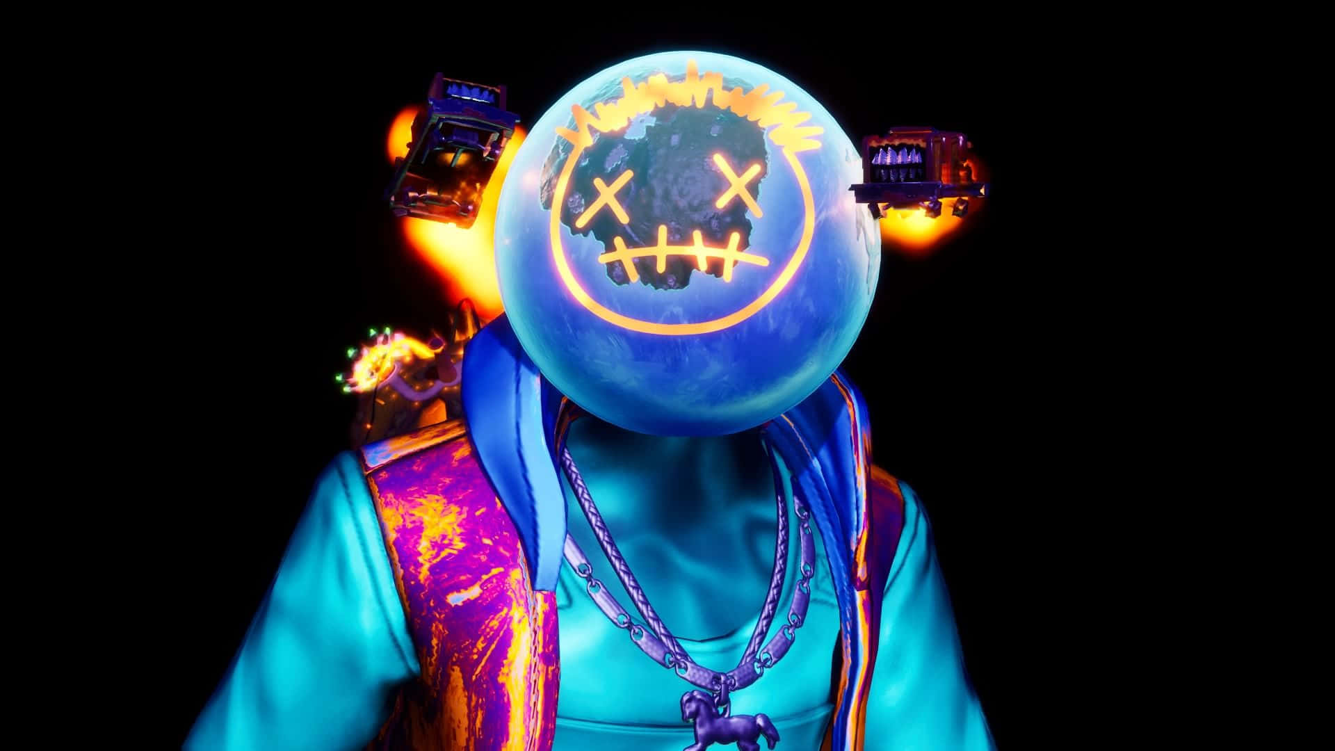 Astro Jack, glowing blue planet head, stitched smiley face, Full HD Desktop Wallpaper