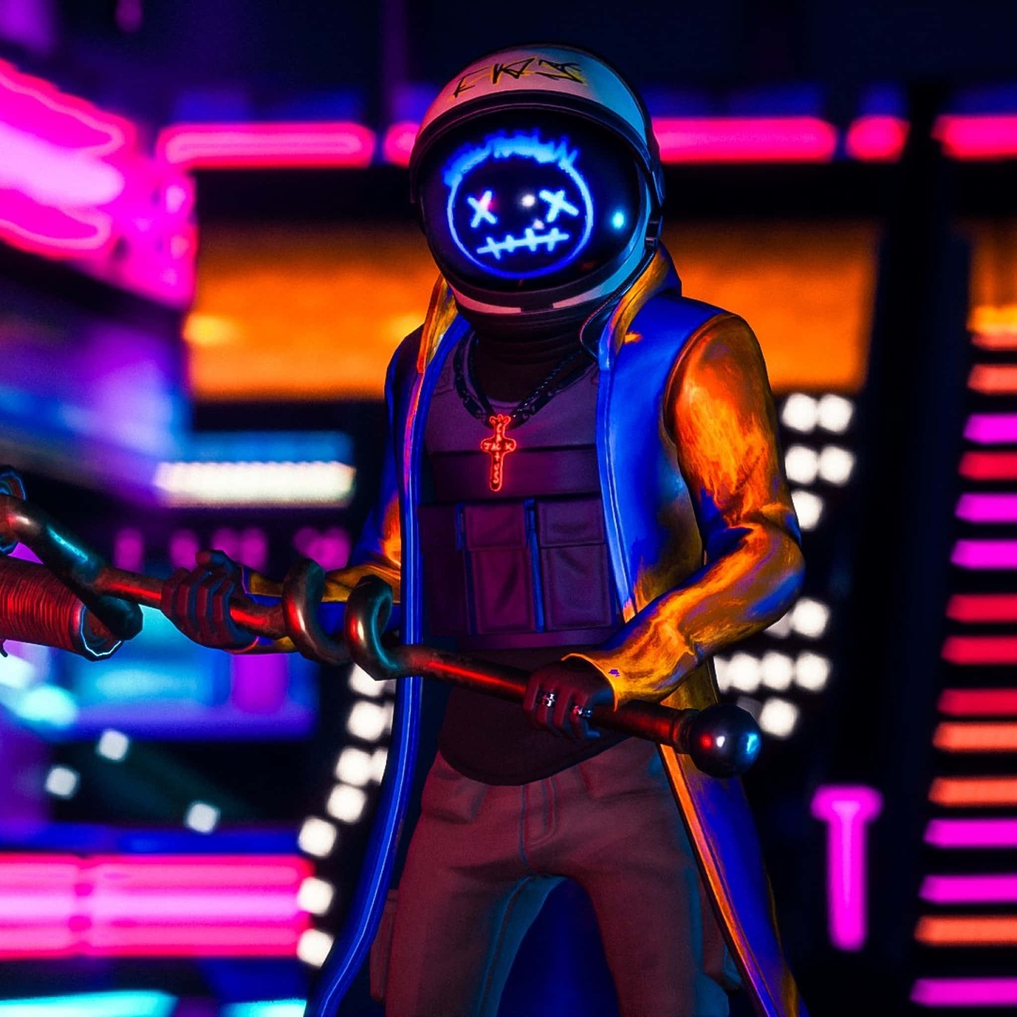 Astro Jack, neon-drenched cyberpunk figure, helmet with a glowing stitched face, Full HD Desktop Wallpaper