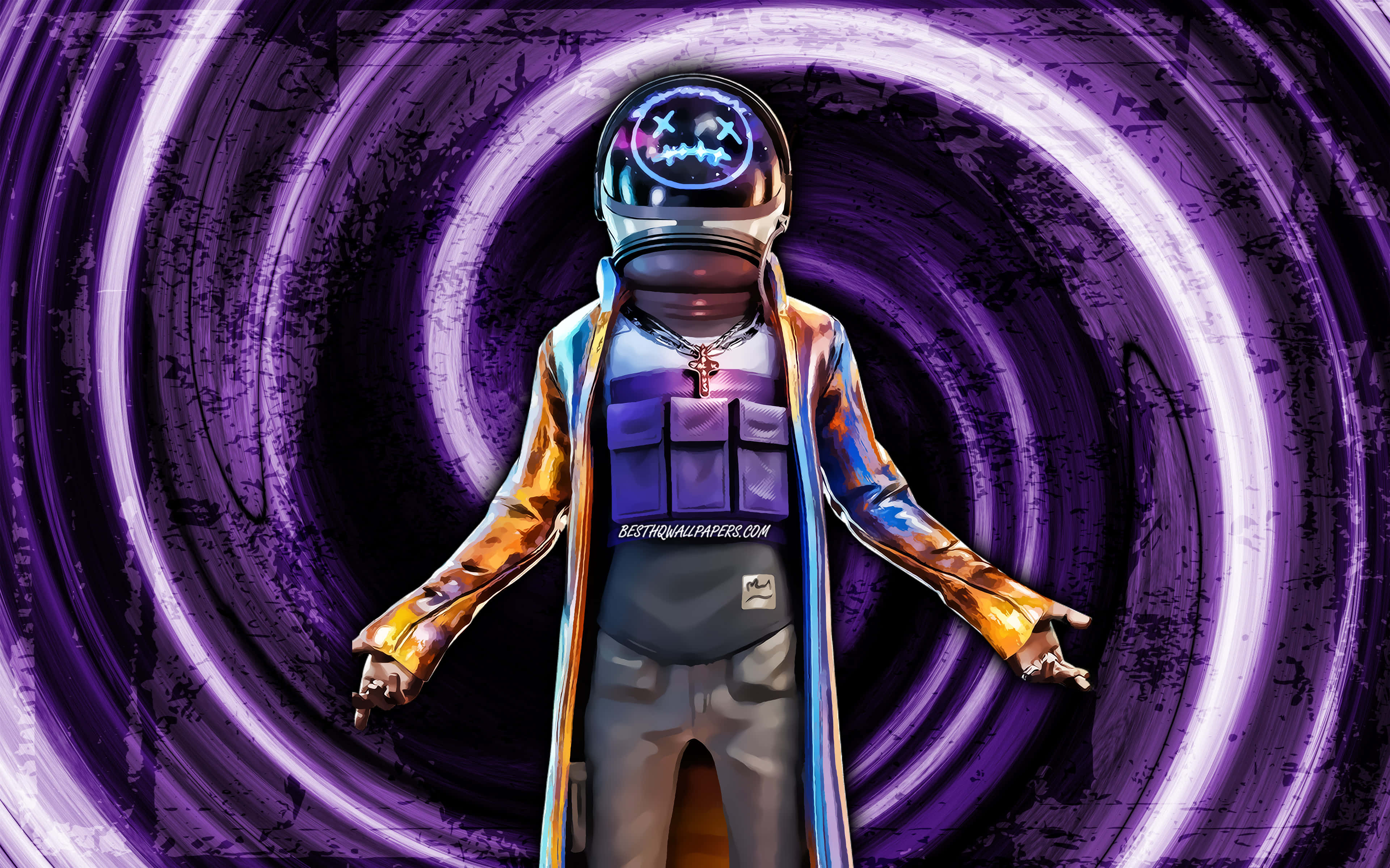 Astro Jack, glowing helmet, swirling purple neon vortex tunnel, 4K Desktop Wallpaper