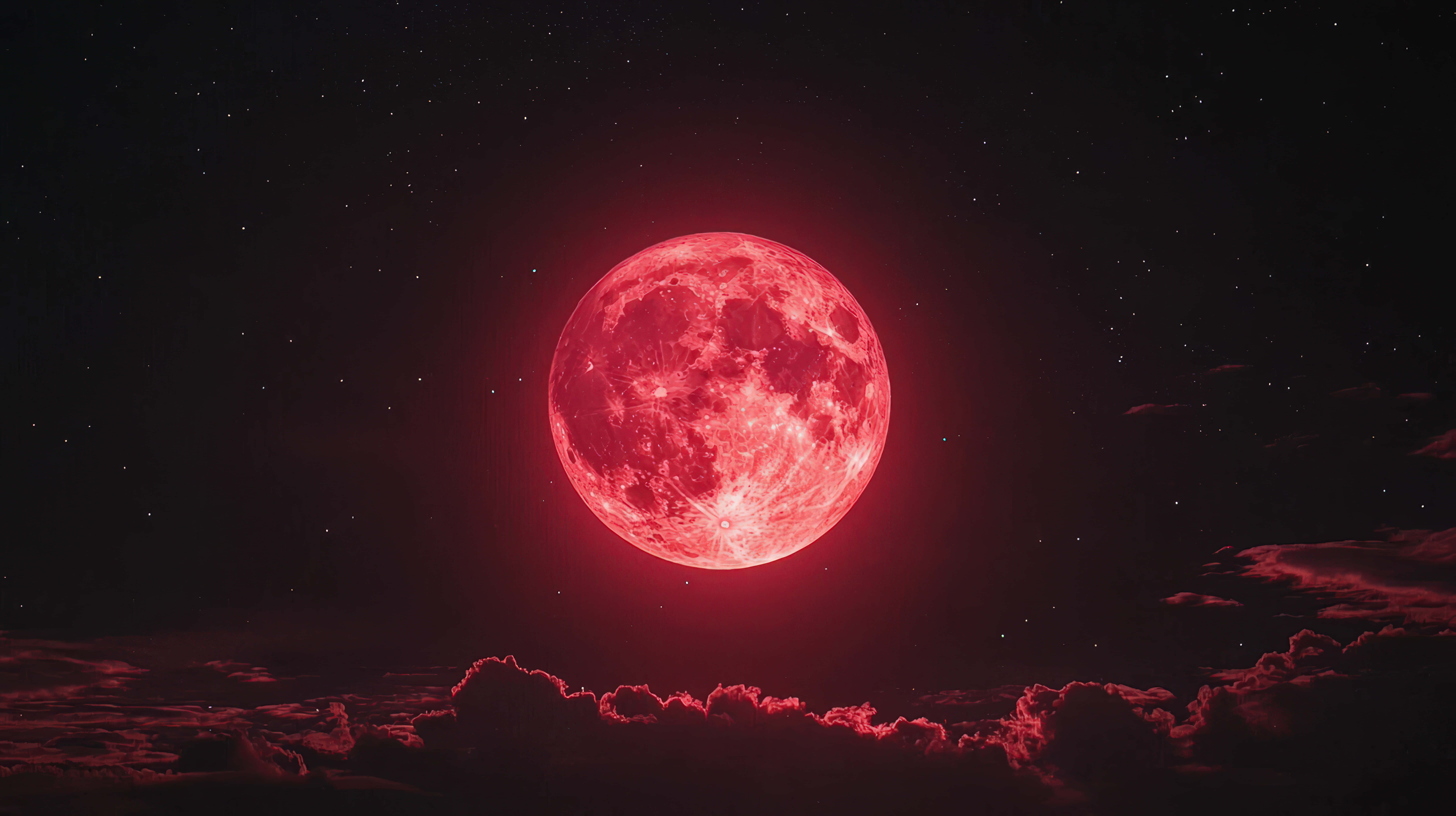 glowing blood red supermoon, dark starry sky, clouds below, 8K Desktop Wallpaper