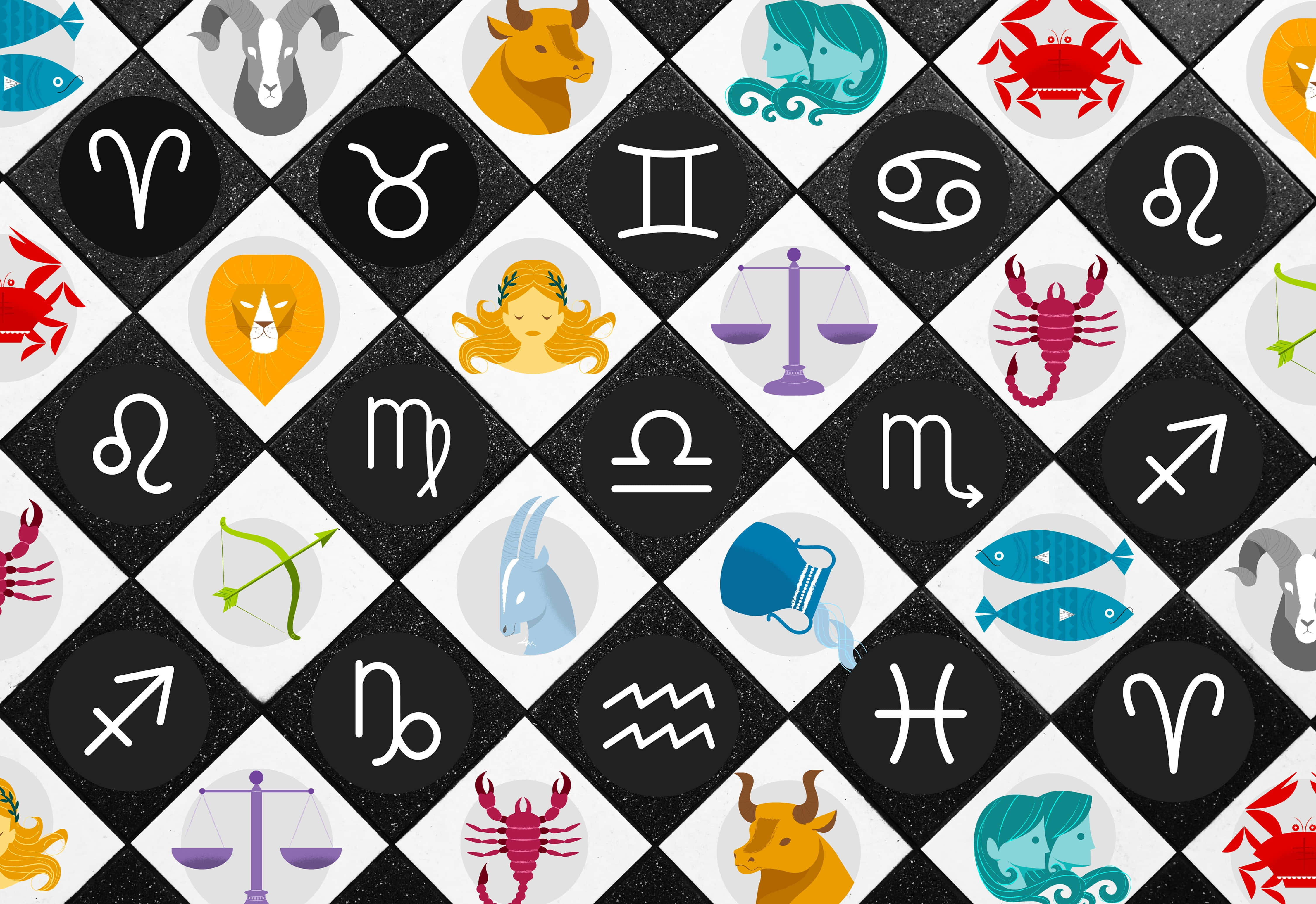zodiac signs, symbols, colorful flat design, 4K Desktop Wallpaper