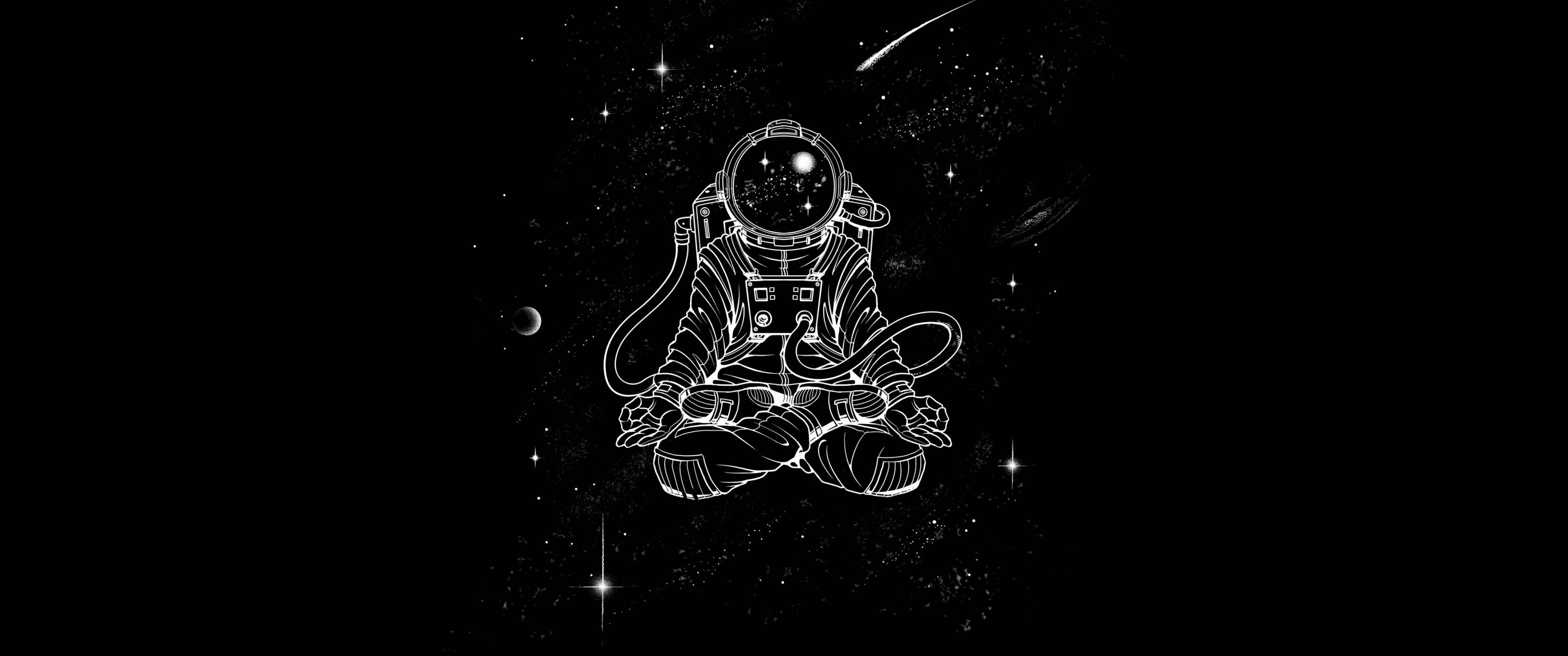black and white astronaut, white line-art astronaut, meditates cross-legged, 2K Desktop Wallpaper