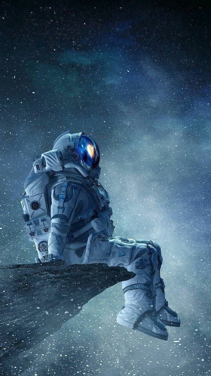 Astronaut Aesthetic, rocky outcrop, starry cosmic backdrop, SD Phone Wallpaper