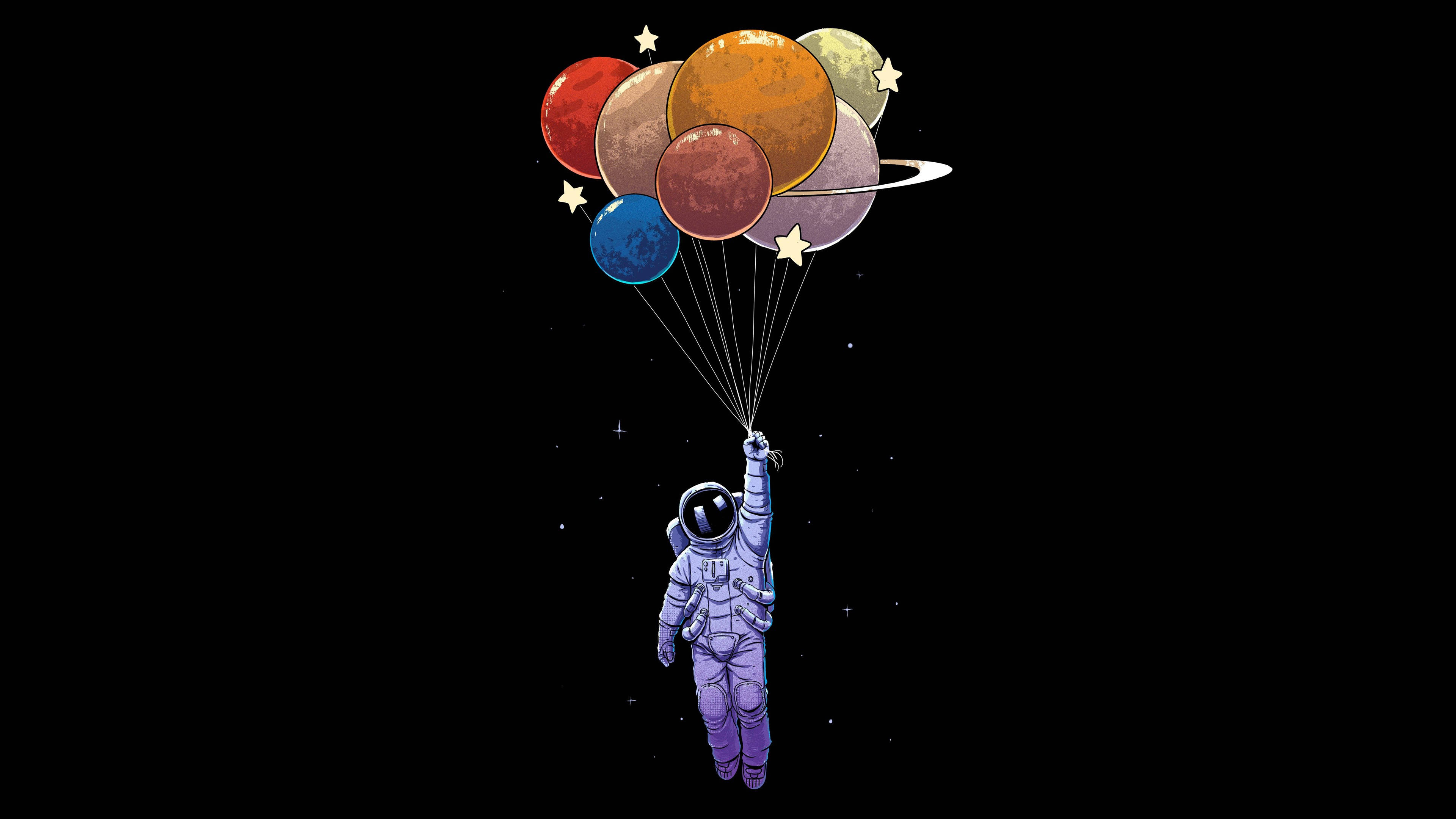 Black And White Astronaut, astronaut, colorful planet balloons, 4K Desktop Wallpaper
