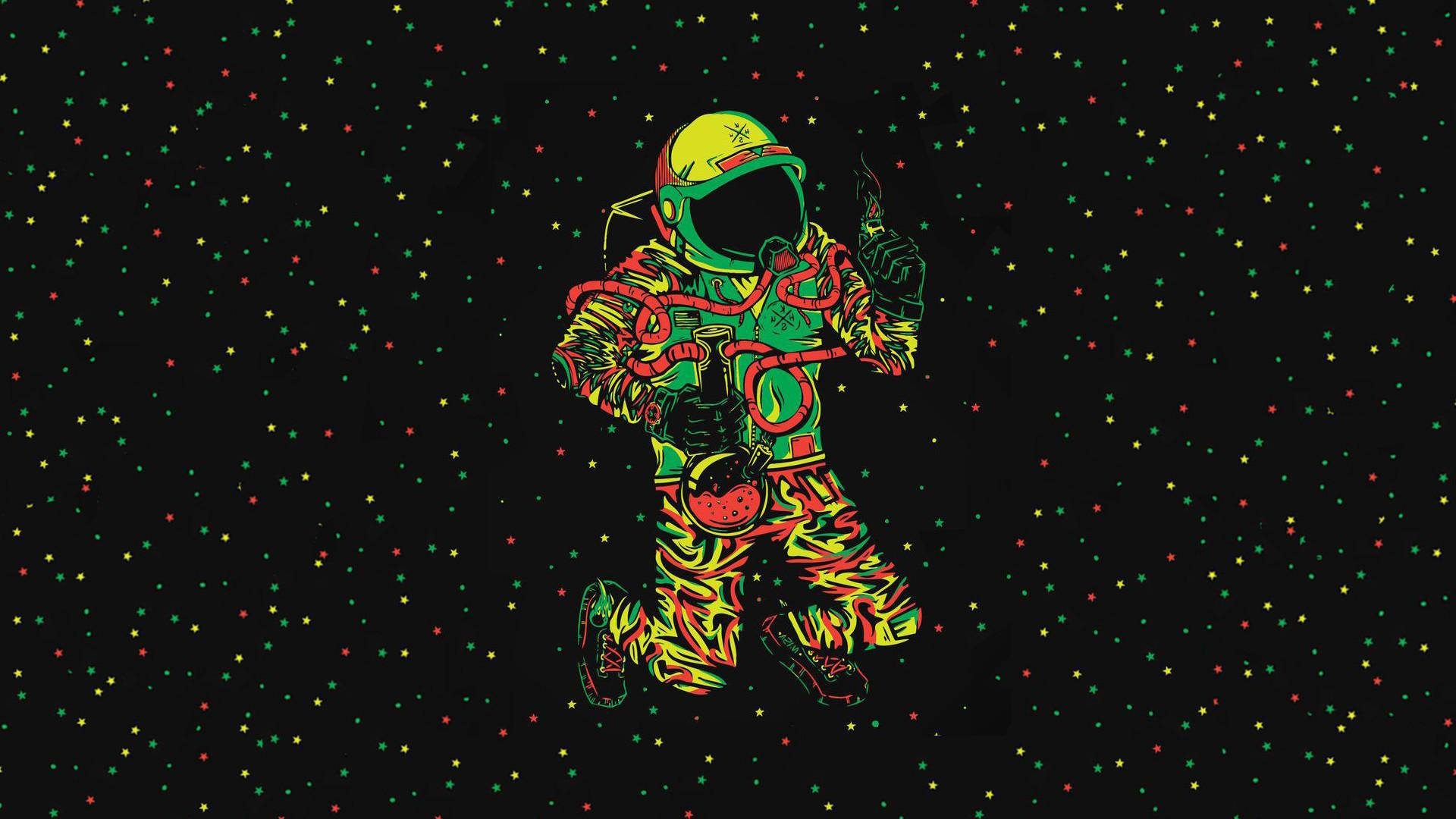 Astronaut Aesthetic, green suit, psychedelic green yellow and red suit, Full HD Desktop Wallpaper