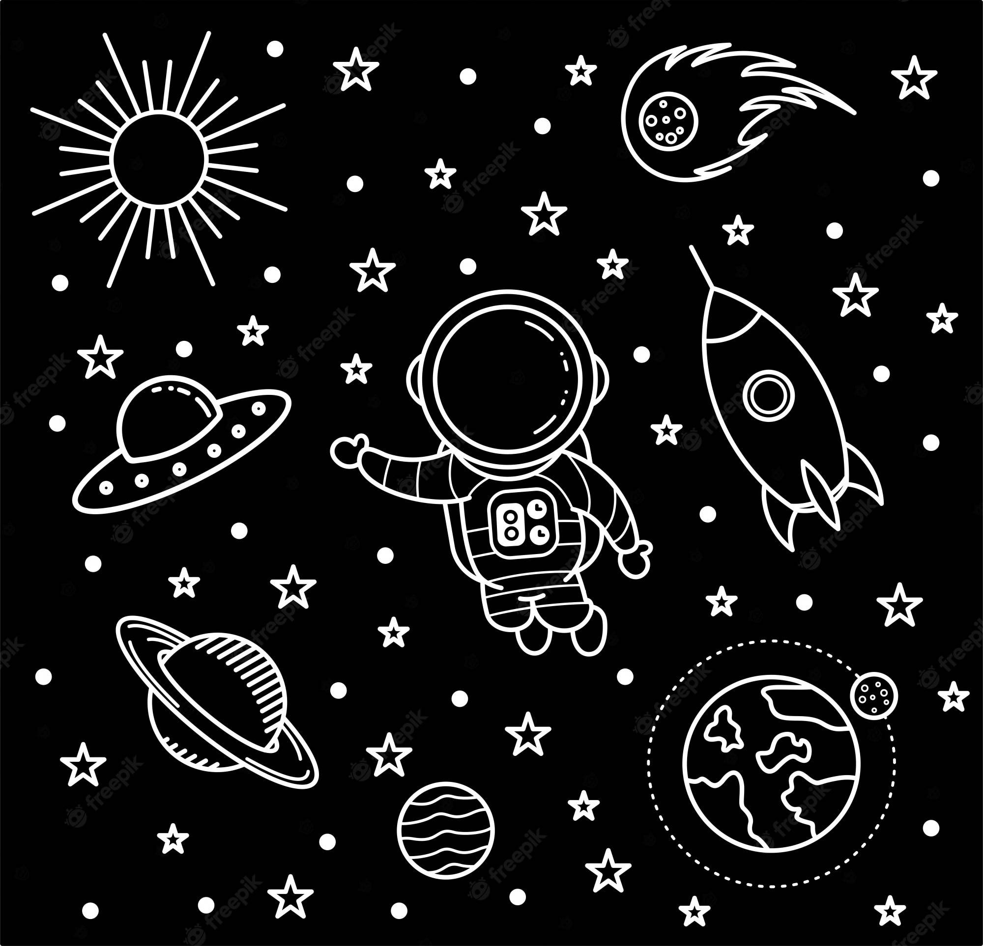 Black And White Astronaut Sketches Mini Design, astronaut, stars, Full HD Desktop Wallpaper