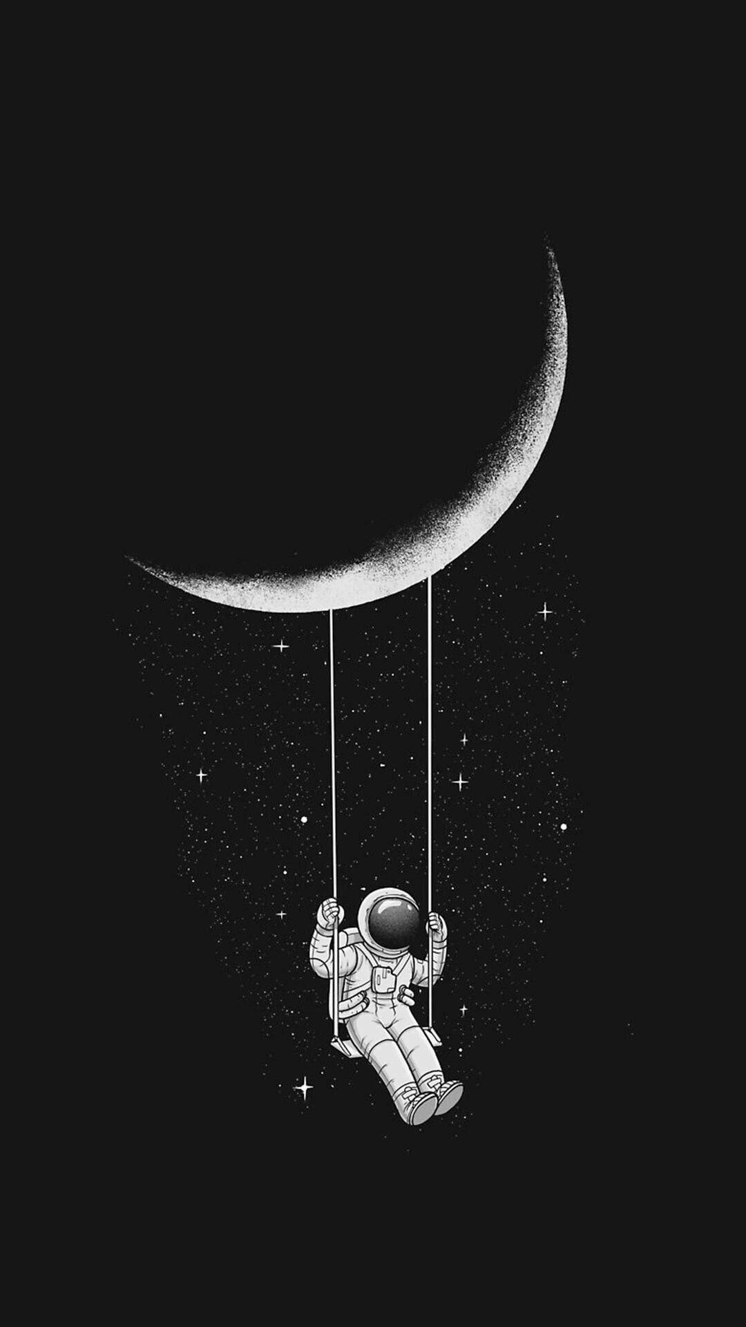 Astronaut Aesthetic, crescent moon, starry night sky, Full HD Phone Wallpaper