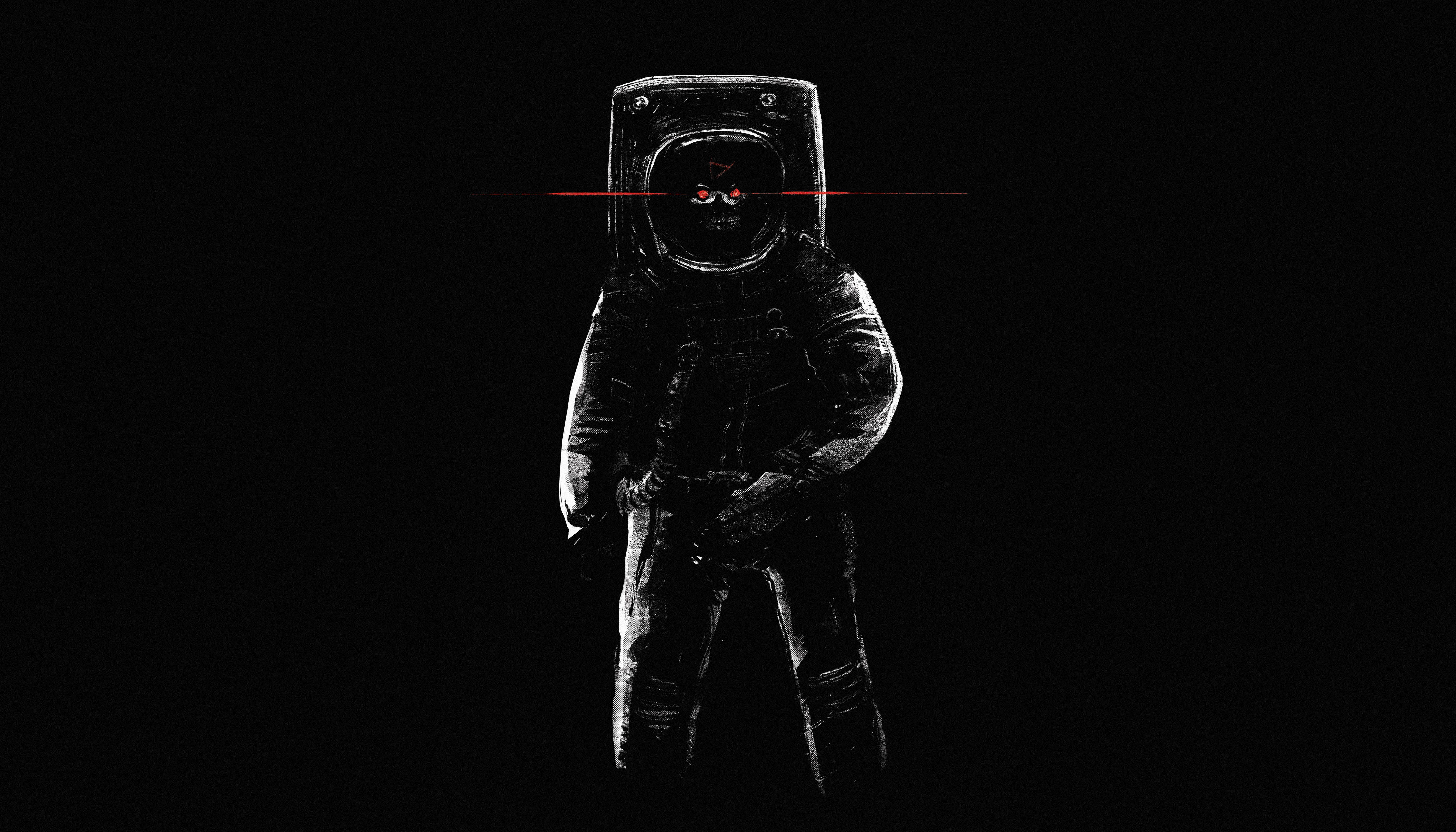 Black And White Astronaut, glowing red eyes, dark suit, 4K Desktop Wallpaper