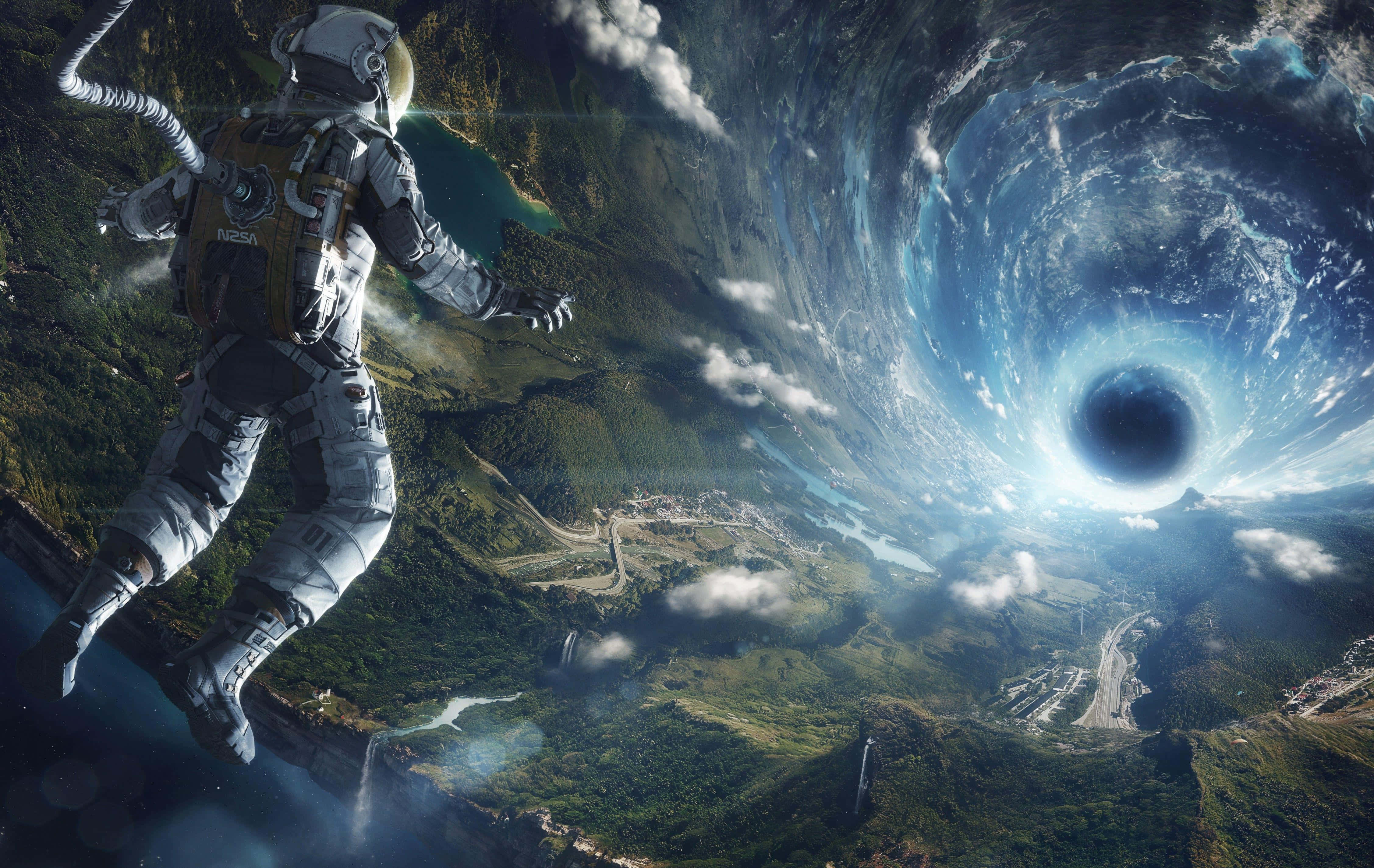 Astronaut, lush green planet, massive swirling black hole, 4K Desktop Wallpaper