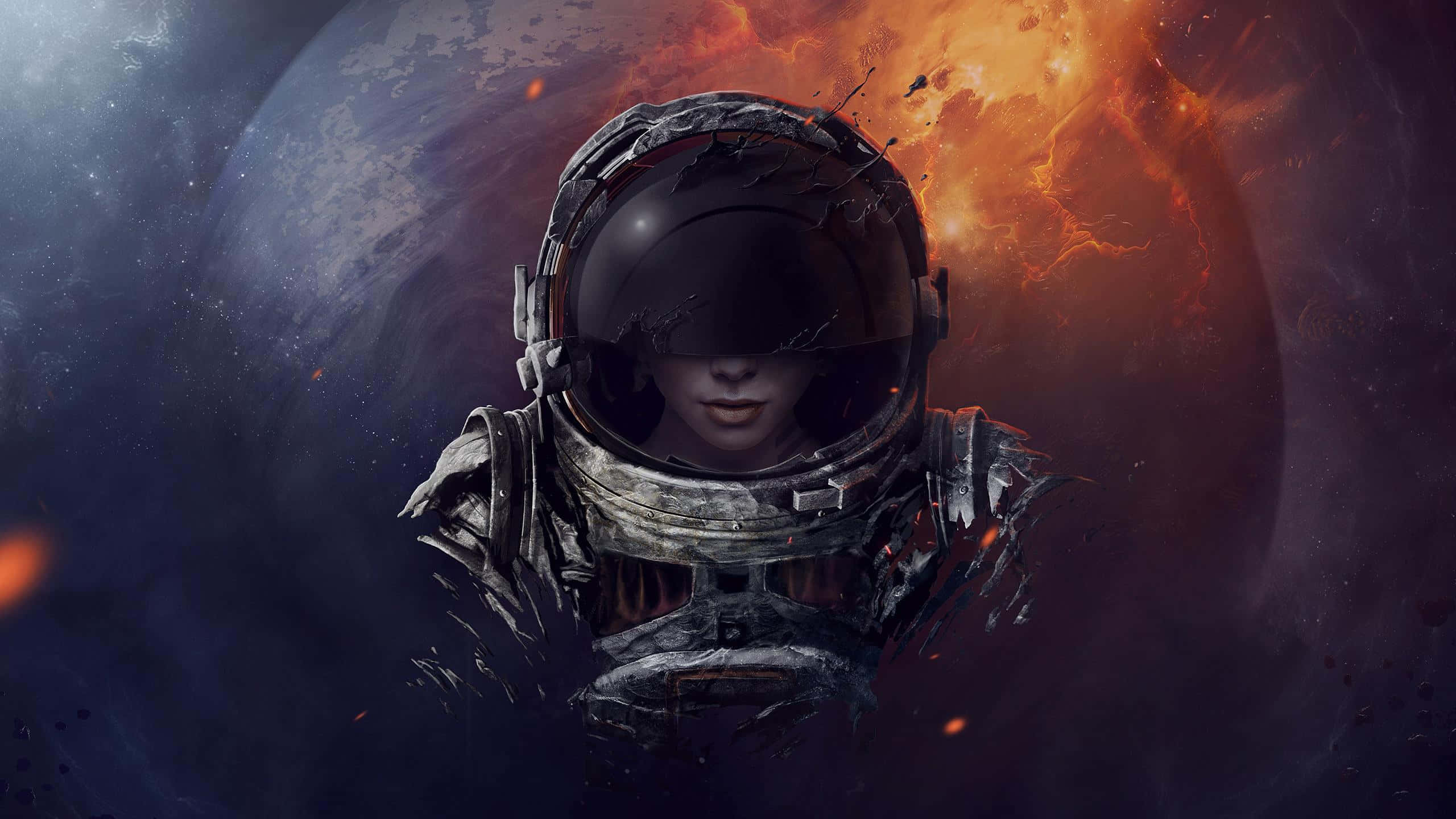 astronaut, cracked helmet, fiery planet, 2K Desktop Wallpaper