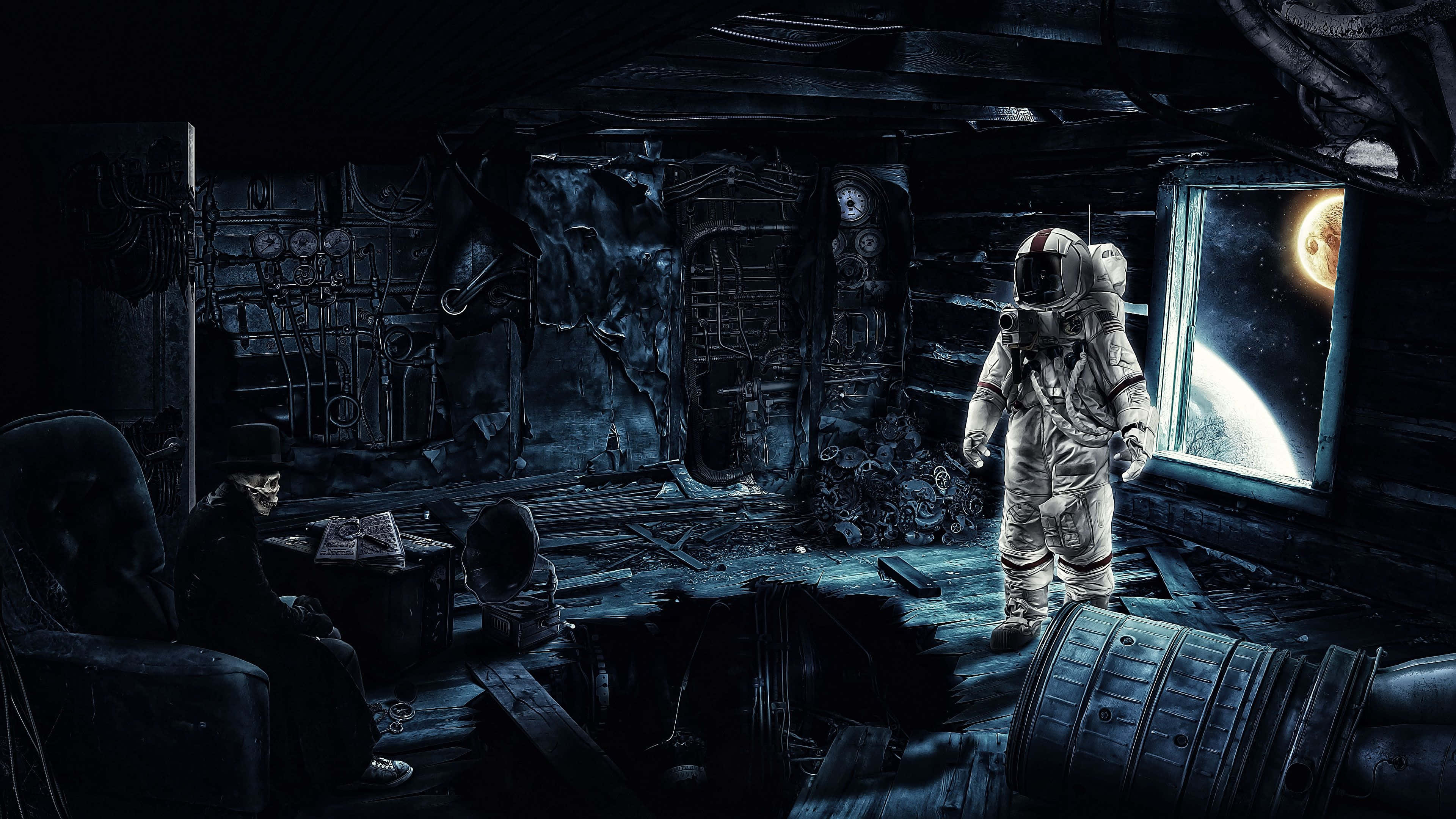 Astronaut, spaceship cabin, glowing planet, 4K Desktop Wallpaper