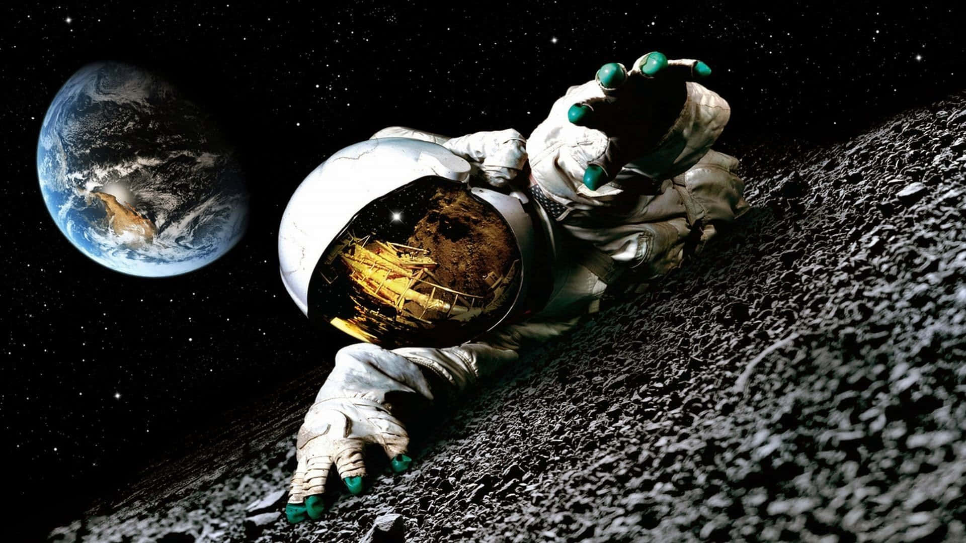 astronaut, reflective helmet, rocky lunar surface, Full HD Desktop Wallpaper