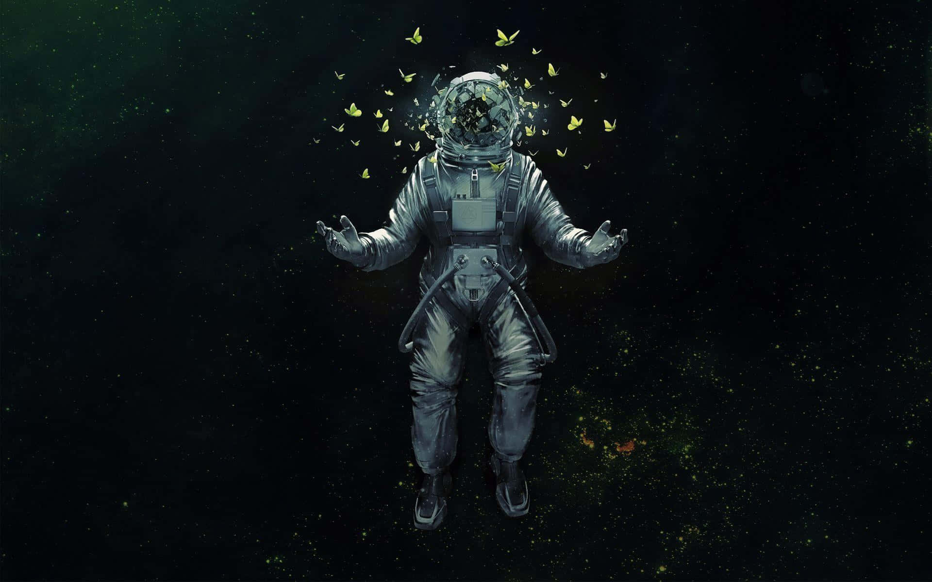 astronaut, cracked helmet, yellow butterflies, Full HD Desktop Wallpaper