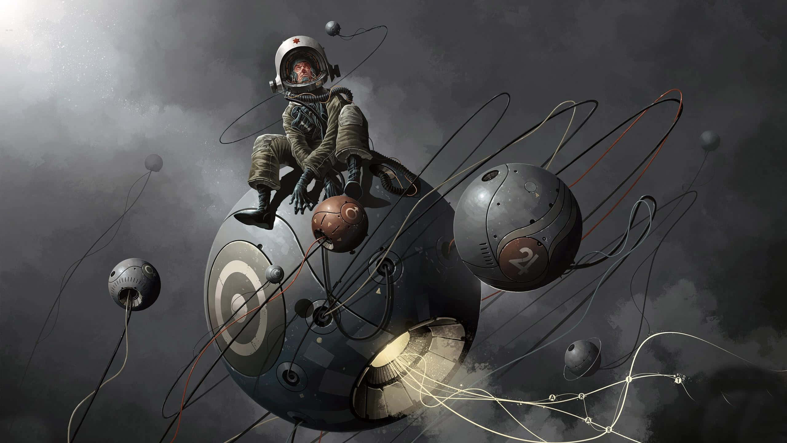 astronaut, mechanical sphere, floating orbs, 2K Desktop Wallpaper