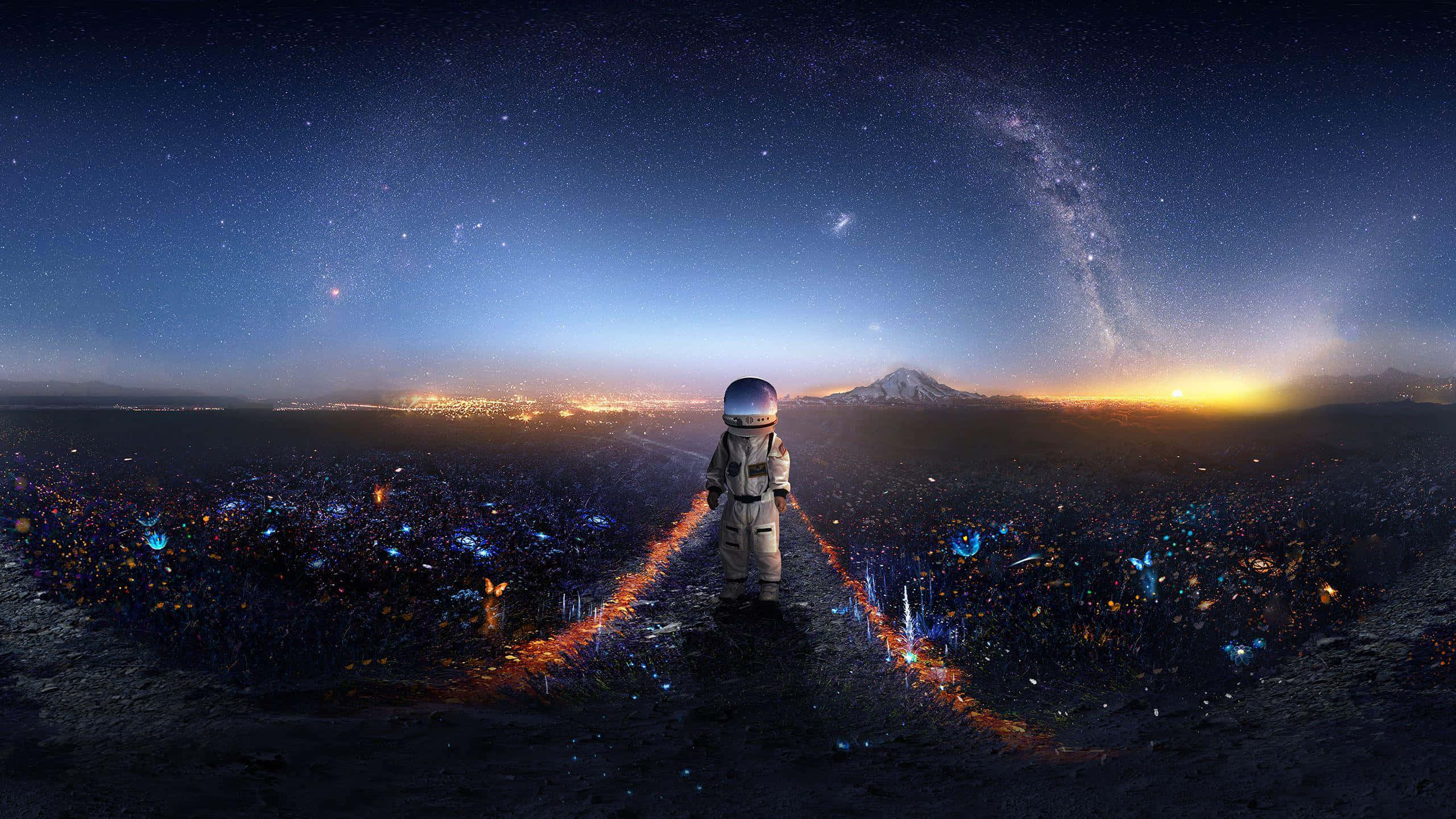 Astronaut, starry alien landscape, glowing flora, 2K Desktop Wallpaper