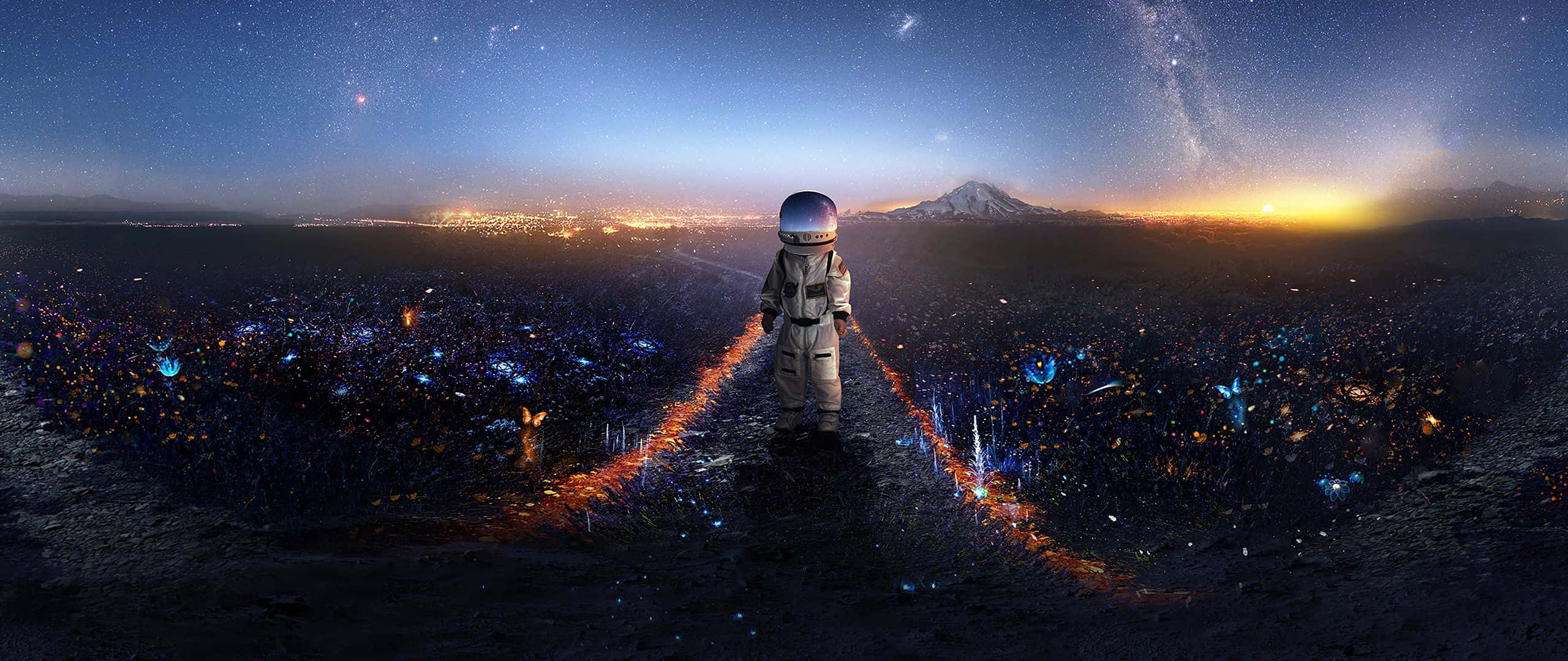 astronaut, cosmic landscape, twilight, 2K Desktop Wallpaper