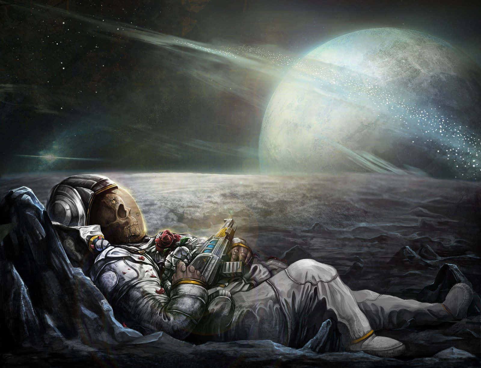 Astronaut, rocky alien planet, glowing moon, HD Desktop Wallpaper