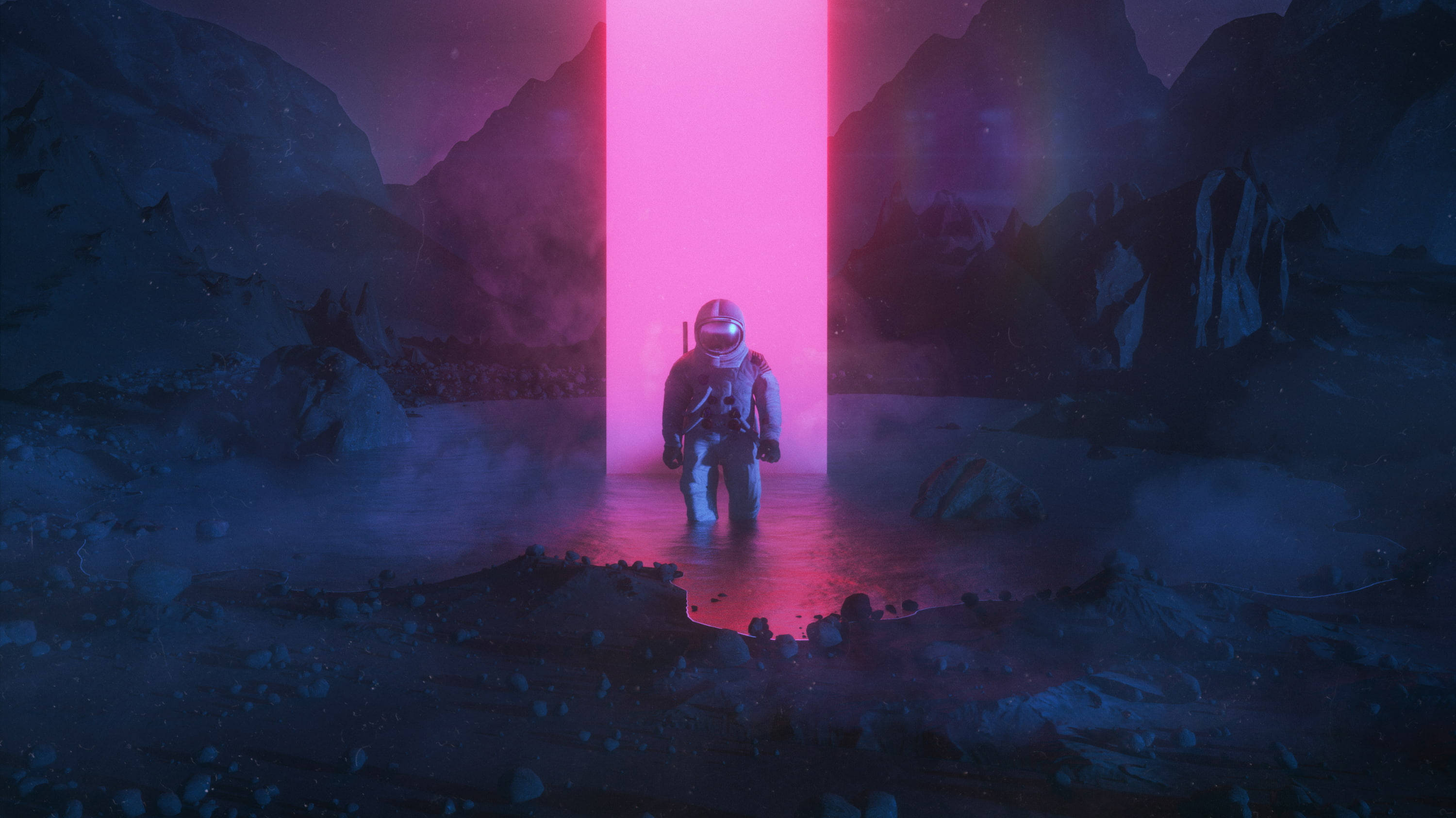 astronaut, pink light beam, dark alien mountainous landscape, 2K Desktop Wallpaper
