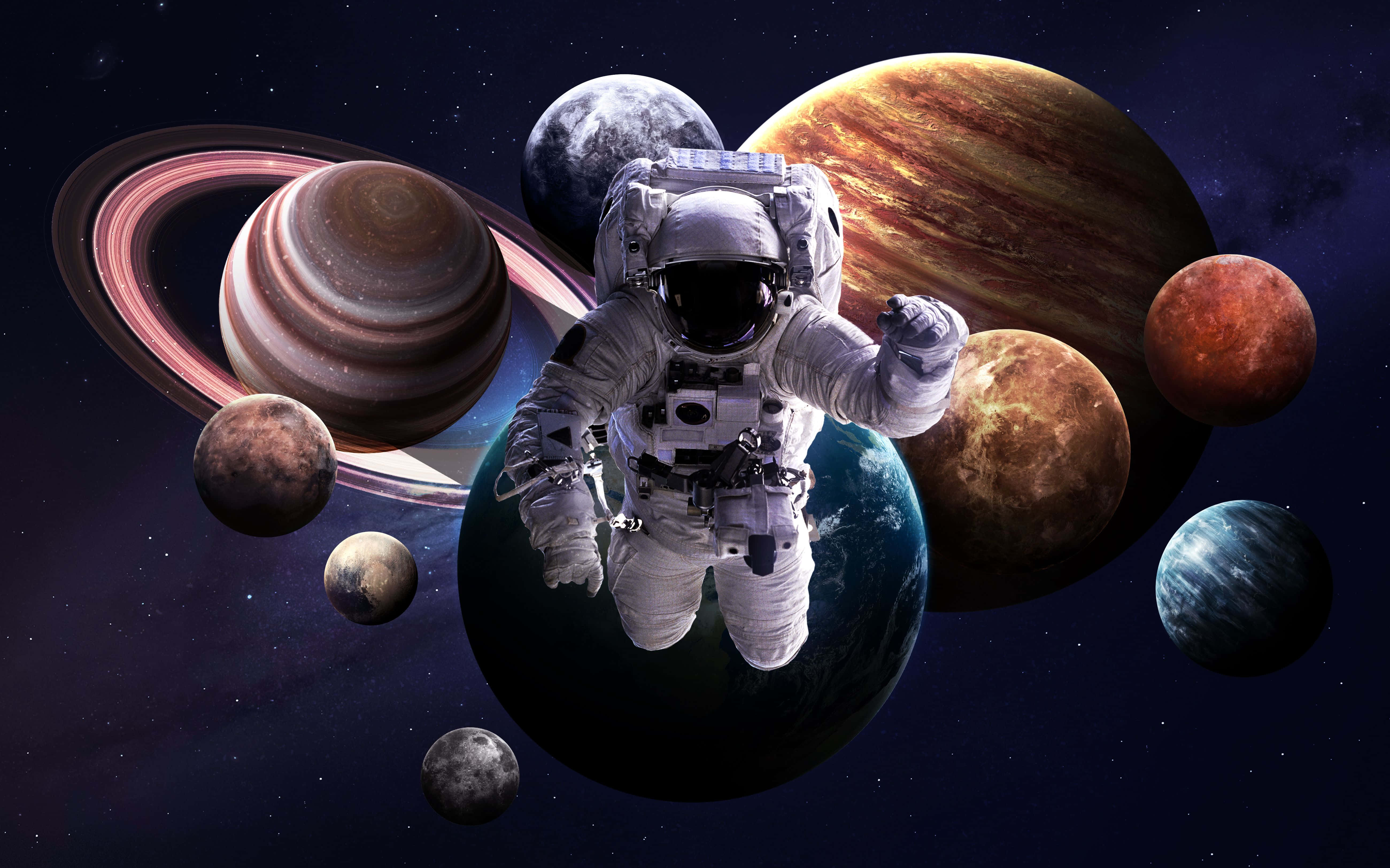 Astronaut, cosmic scene, colorful planets, 5K Desktop Wallpaper