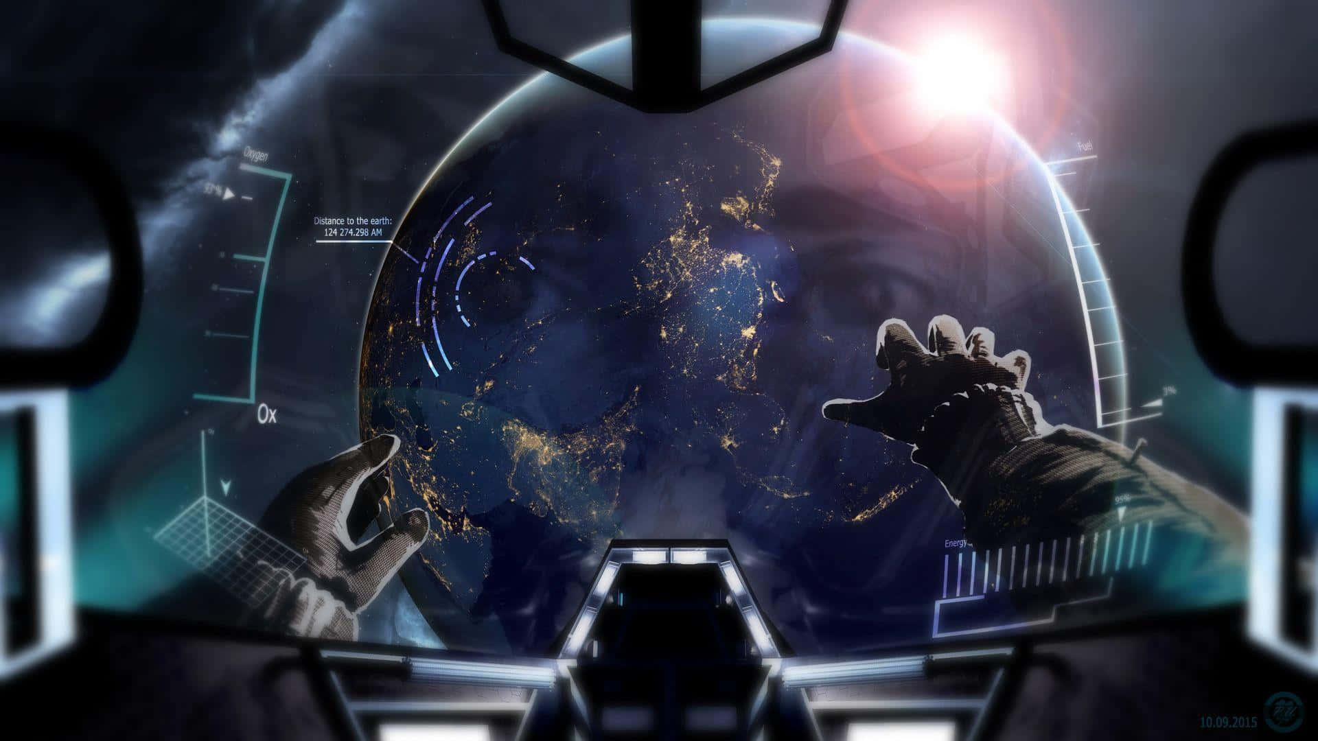 Astronaut, gloved hands, glowing Earth, Full HD Desktop Wallpaper