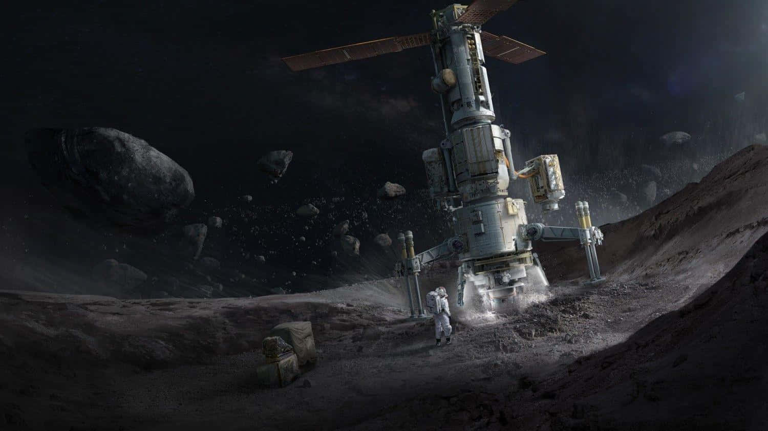 Astronaut, space station, barren asteroid field, HD Desktop Wallpaper