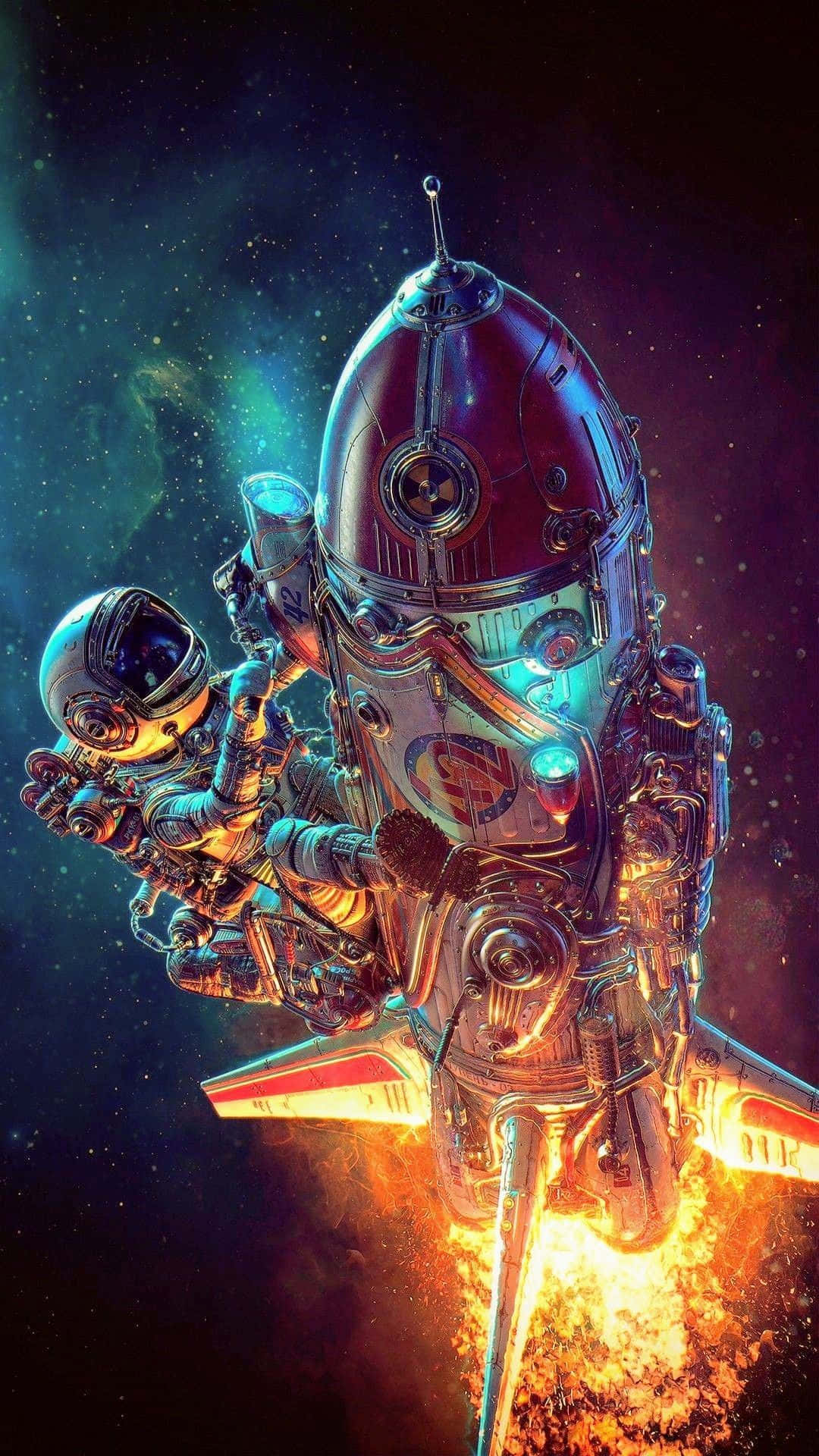 Astronaut, iPhone, glowing red rocket, Full HD Phone Wallpaper