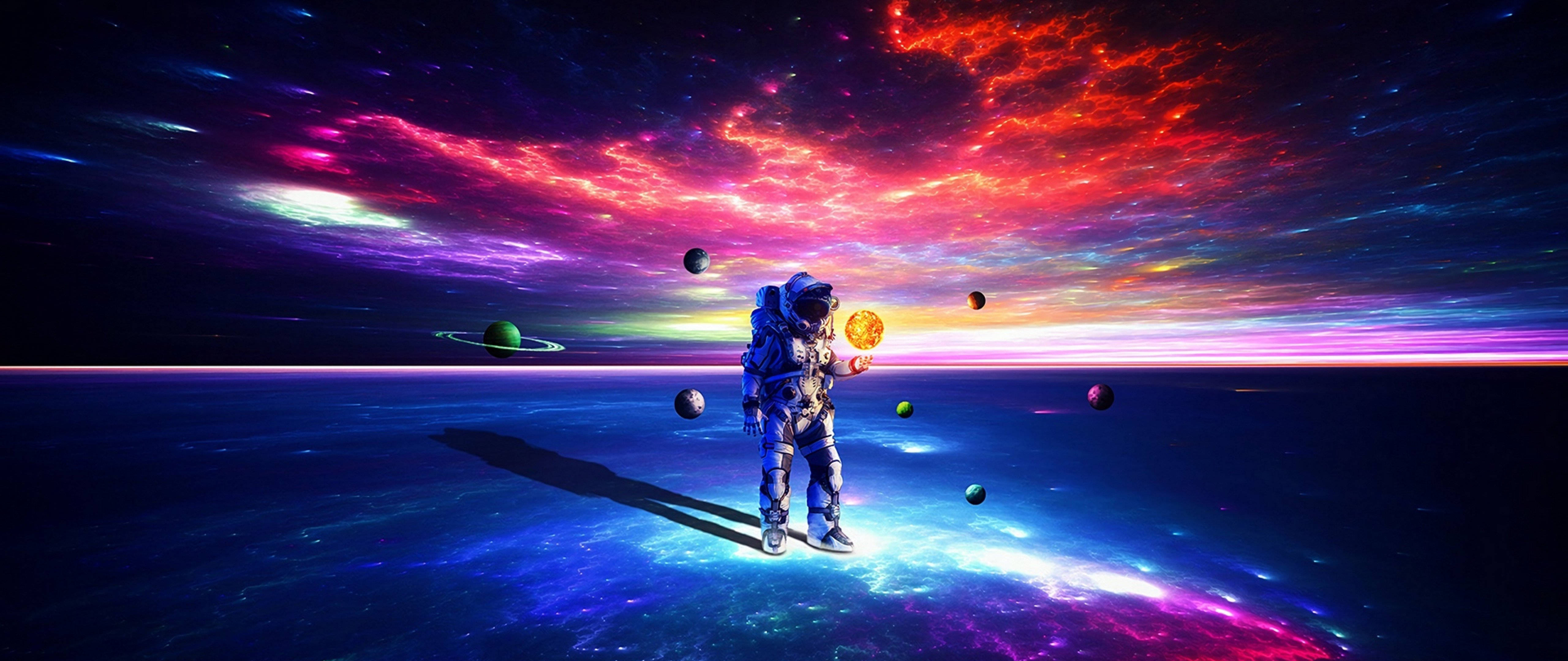 Astronaut, cosmic planet, sun orb, 5K Desktop Wallpaper