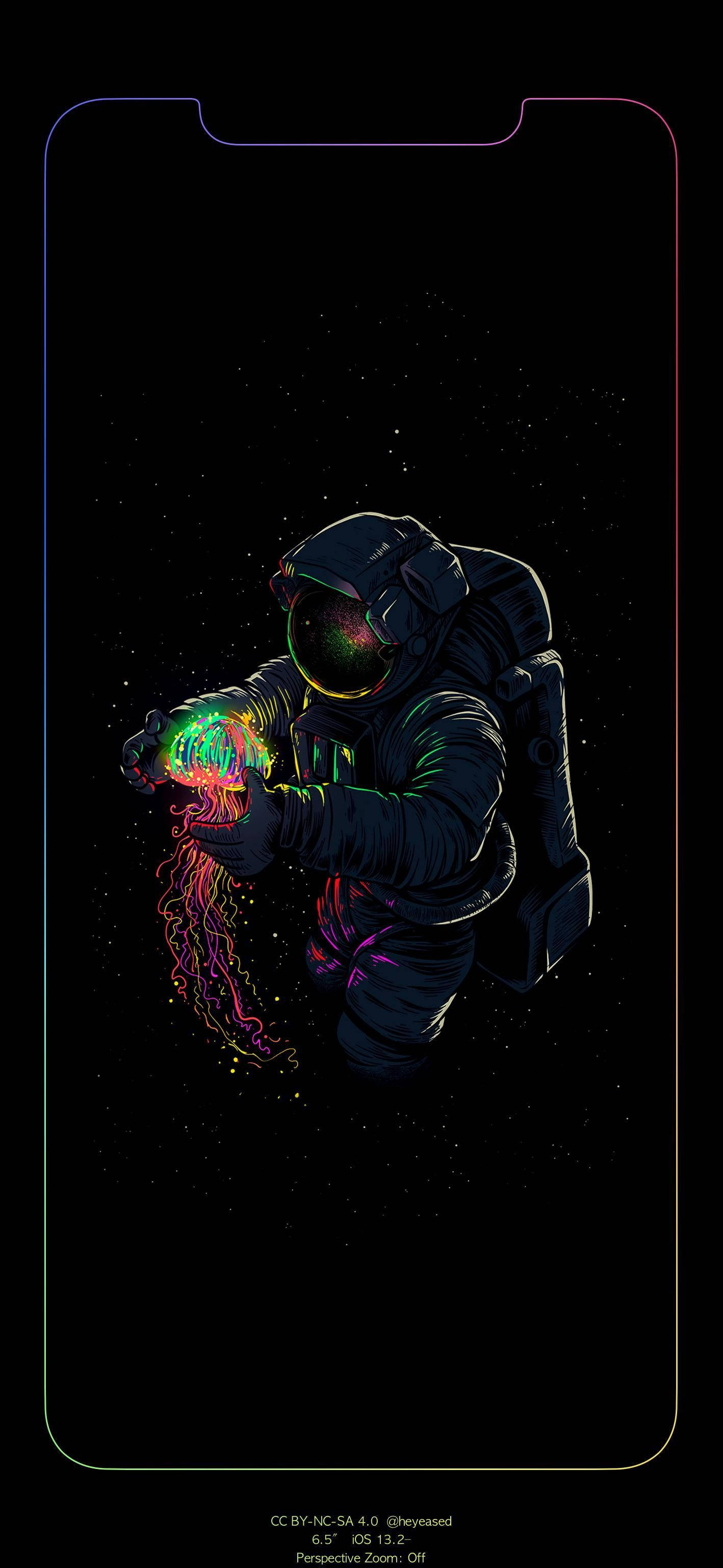 iPhone, astronaut, glowing neon jellyfish, 2K Phone Wallpaper