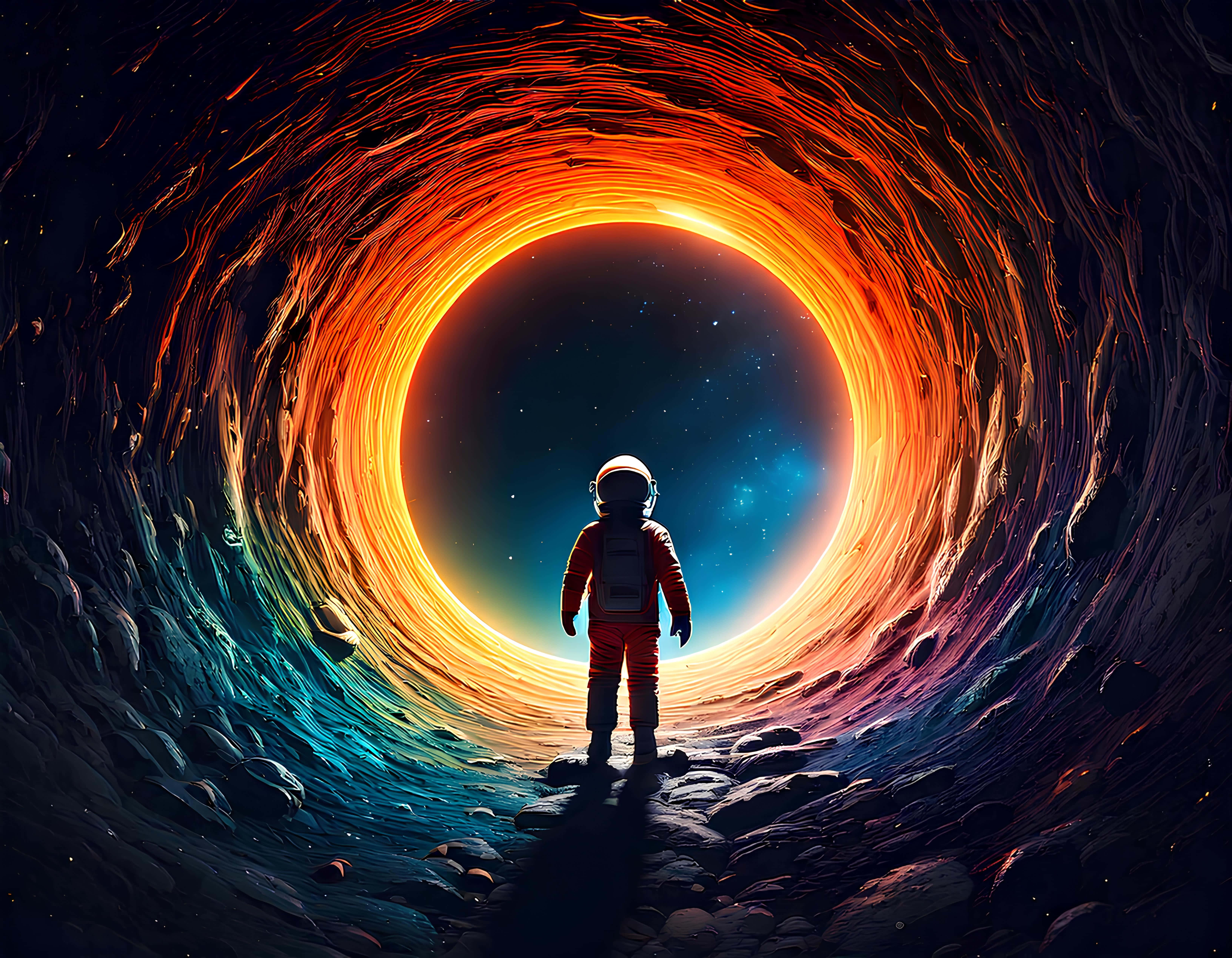 Astronaut, rocky surface, swirling cosmic tunnel, 5K Desktop Wallpaper