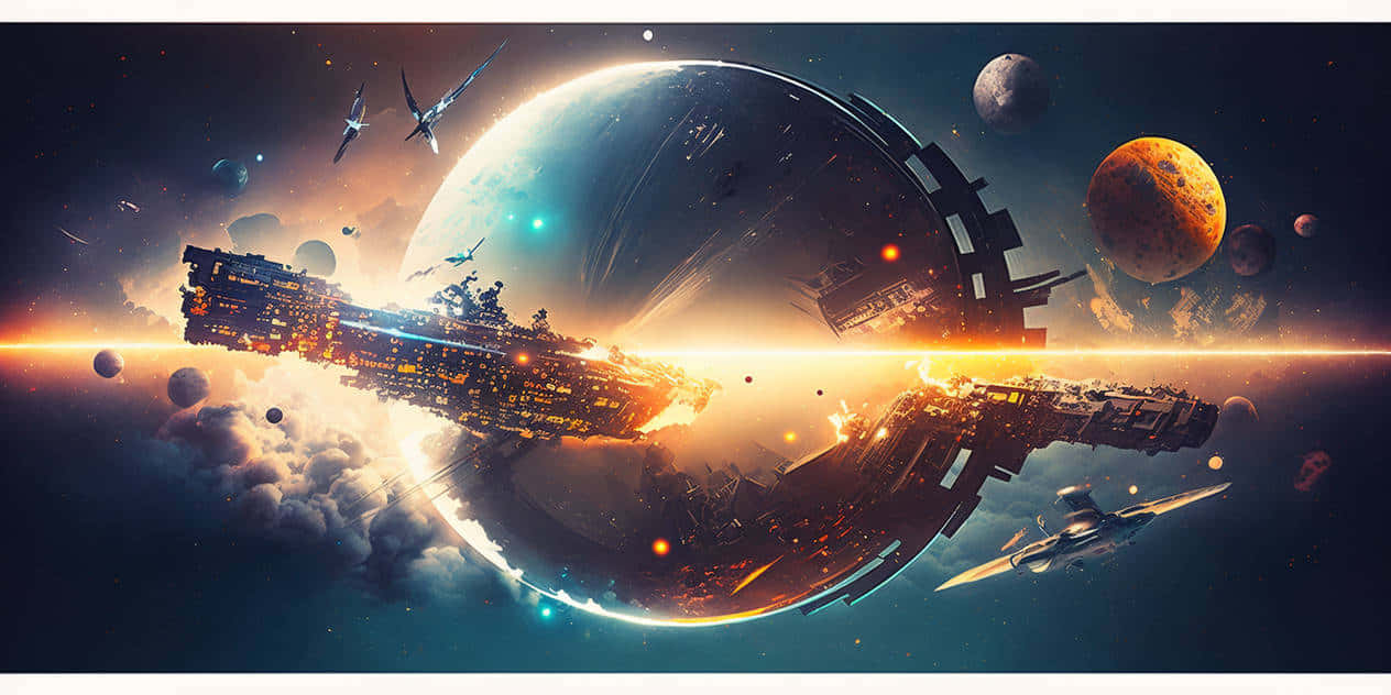 space colony, glowing planet, colossal futuristic spaceship, SD Desktop Wallpaper
