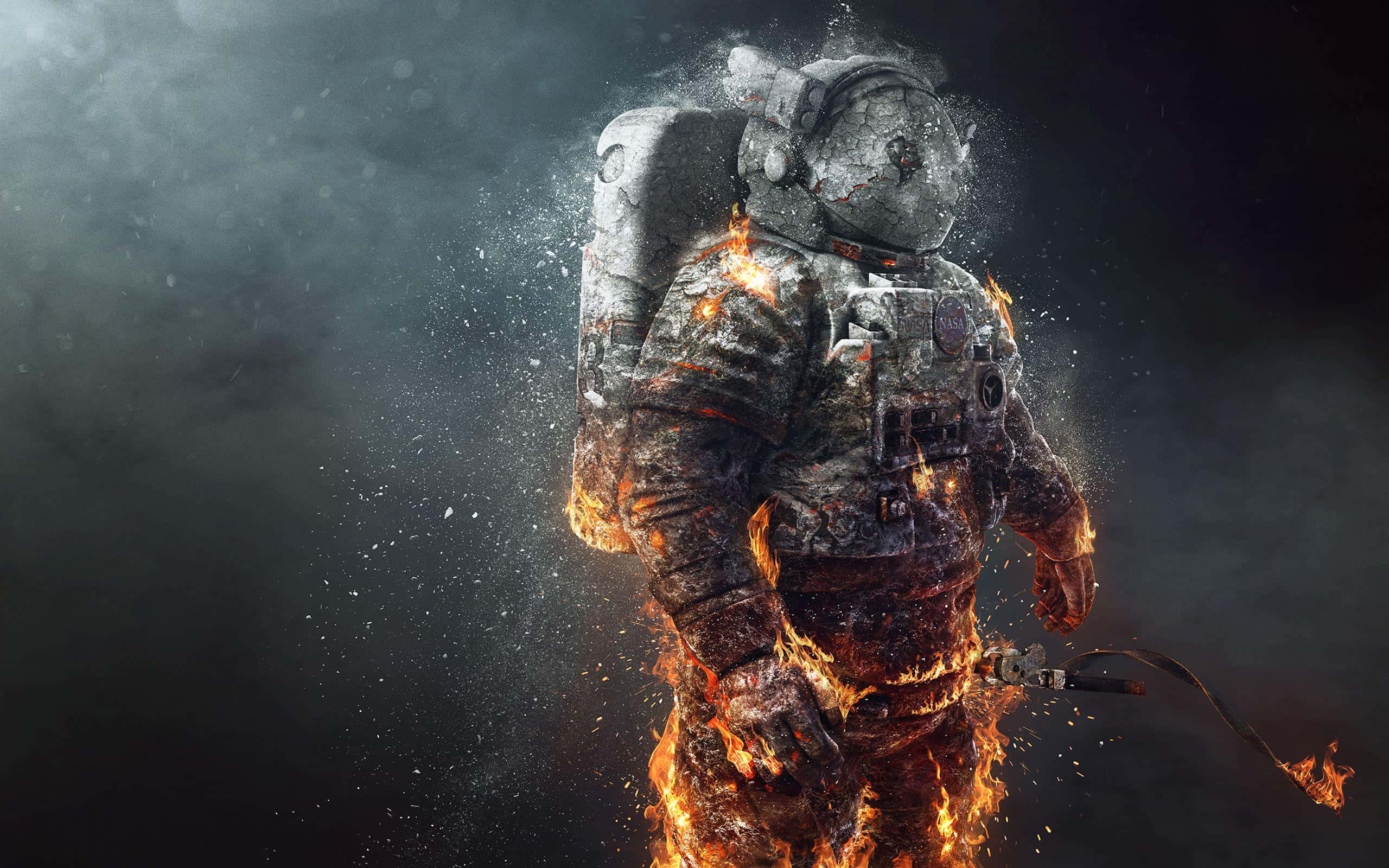 Astronaut On Fire, burning astronaut suit, disintegrates into ash and embers, 2K Desktop Wallpaper