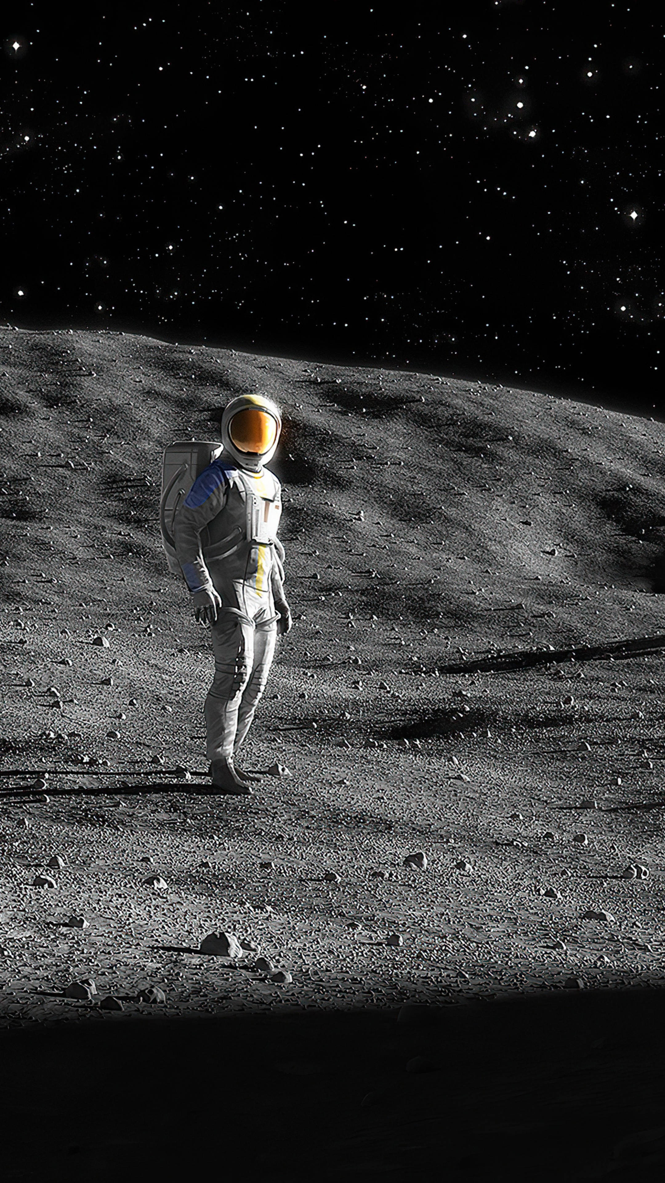 Black And White Astronaut, moon surface, cratered moon, 4K Phone Wallpaper