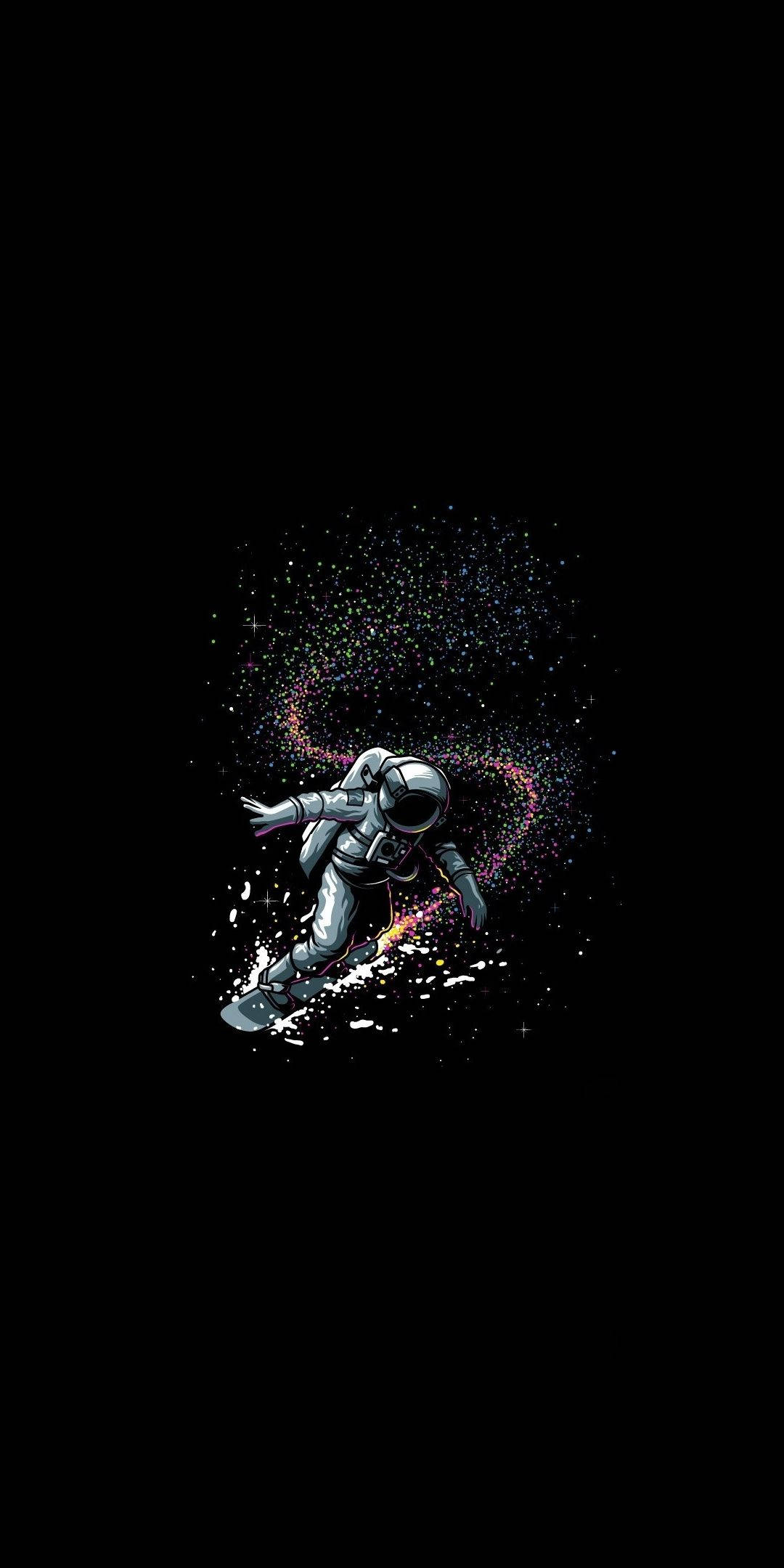 black and white astronaut, cosmic void, colorful glittering particles, Full HD Phone Wallpaper