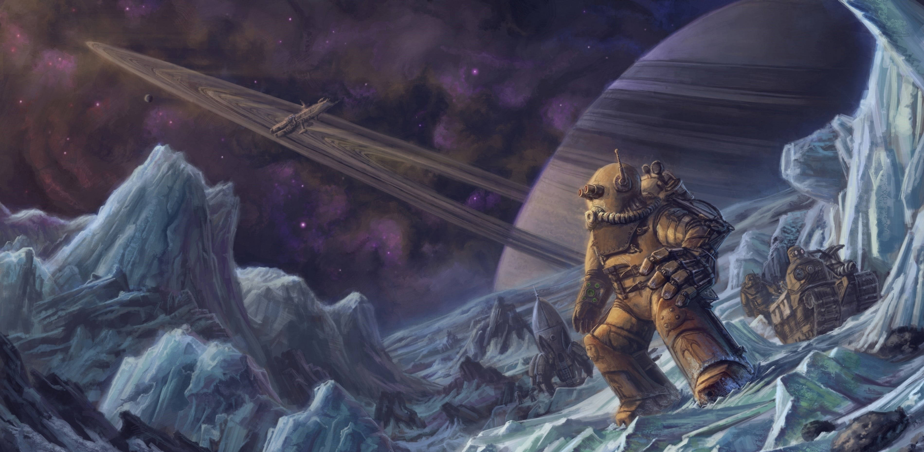 Retro Space Astronaut, bulky suit, jagged icy mountain range, 2K Desktop Wallpaper