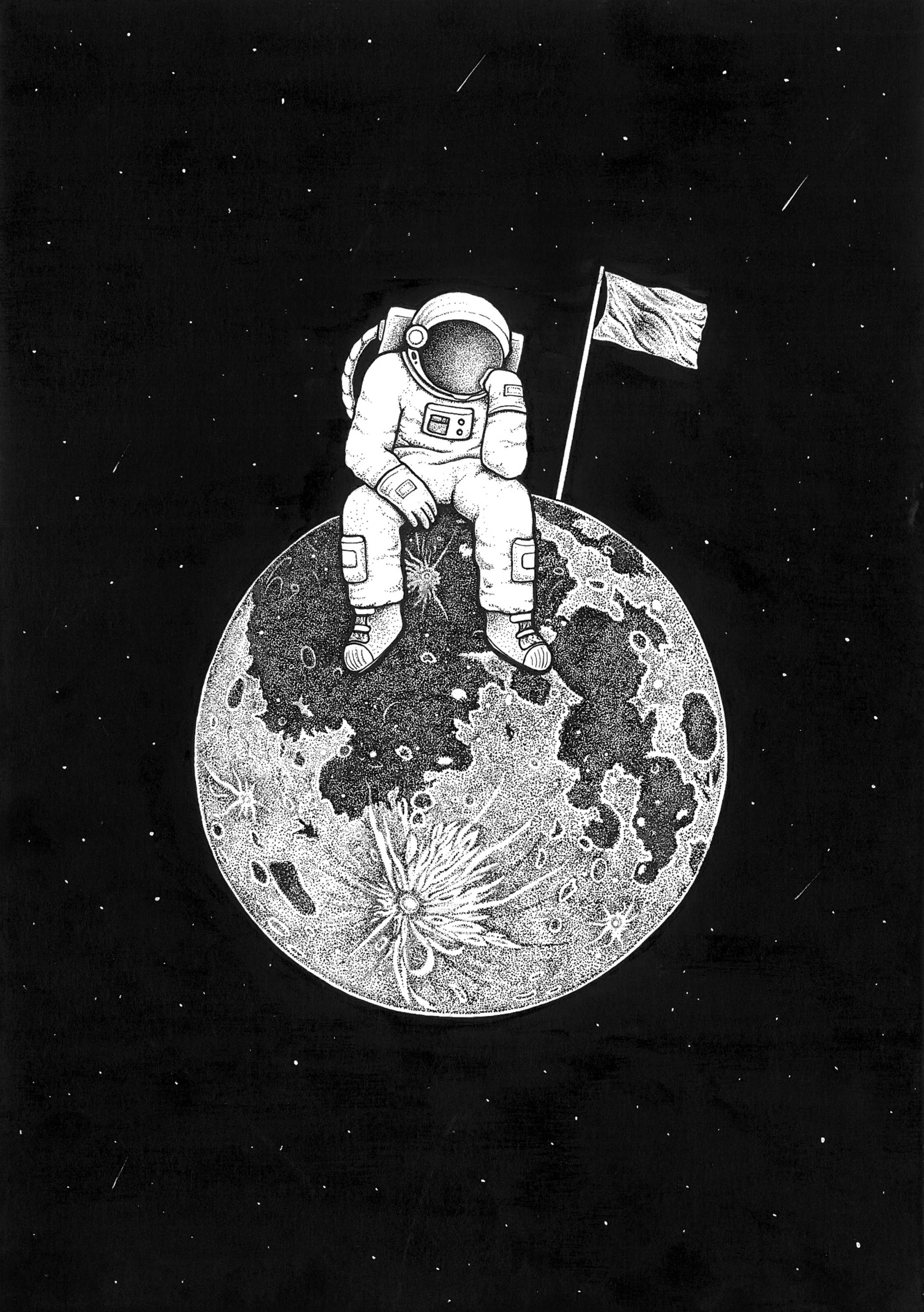 Black And White Astronaut, moon, flag, 4K Phone Wallpaper