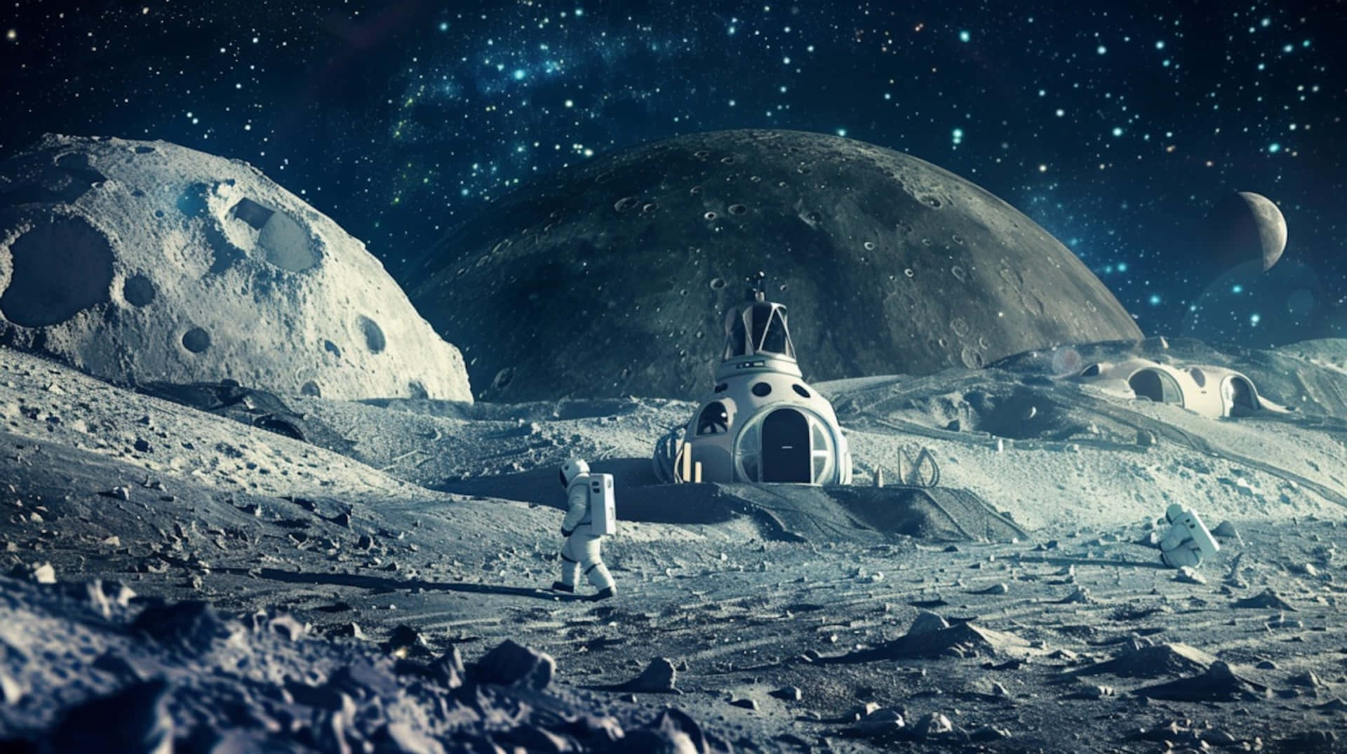 moon colony, cratered moon surface, futuristic dome habitat, Full HD Desktop Wallpaper