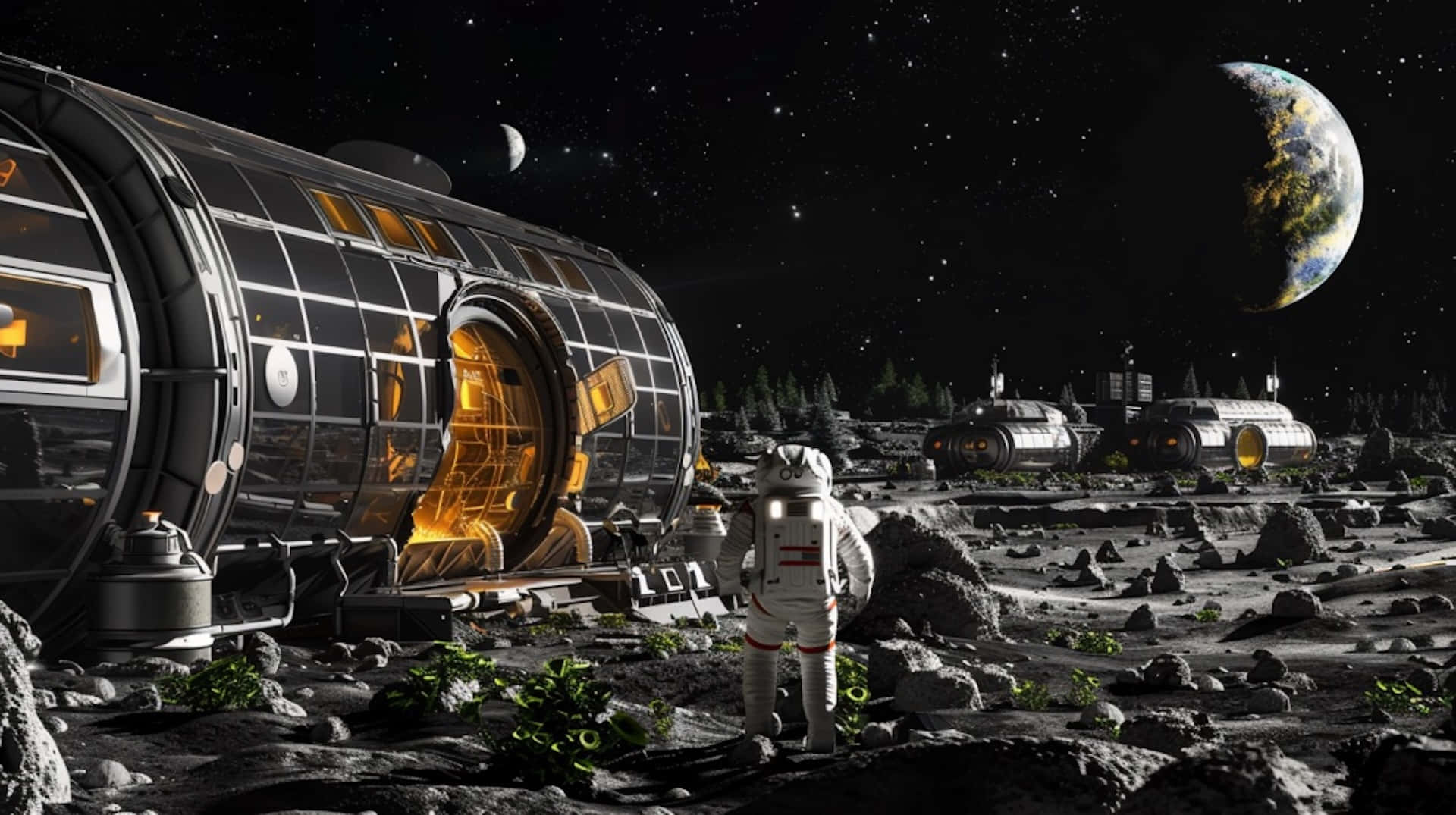 moon colony habitat, astronaut, glowing cylindrical habitat, Full HD Desktop Wallpaper