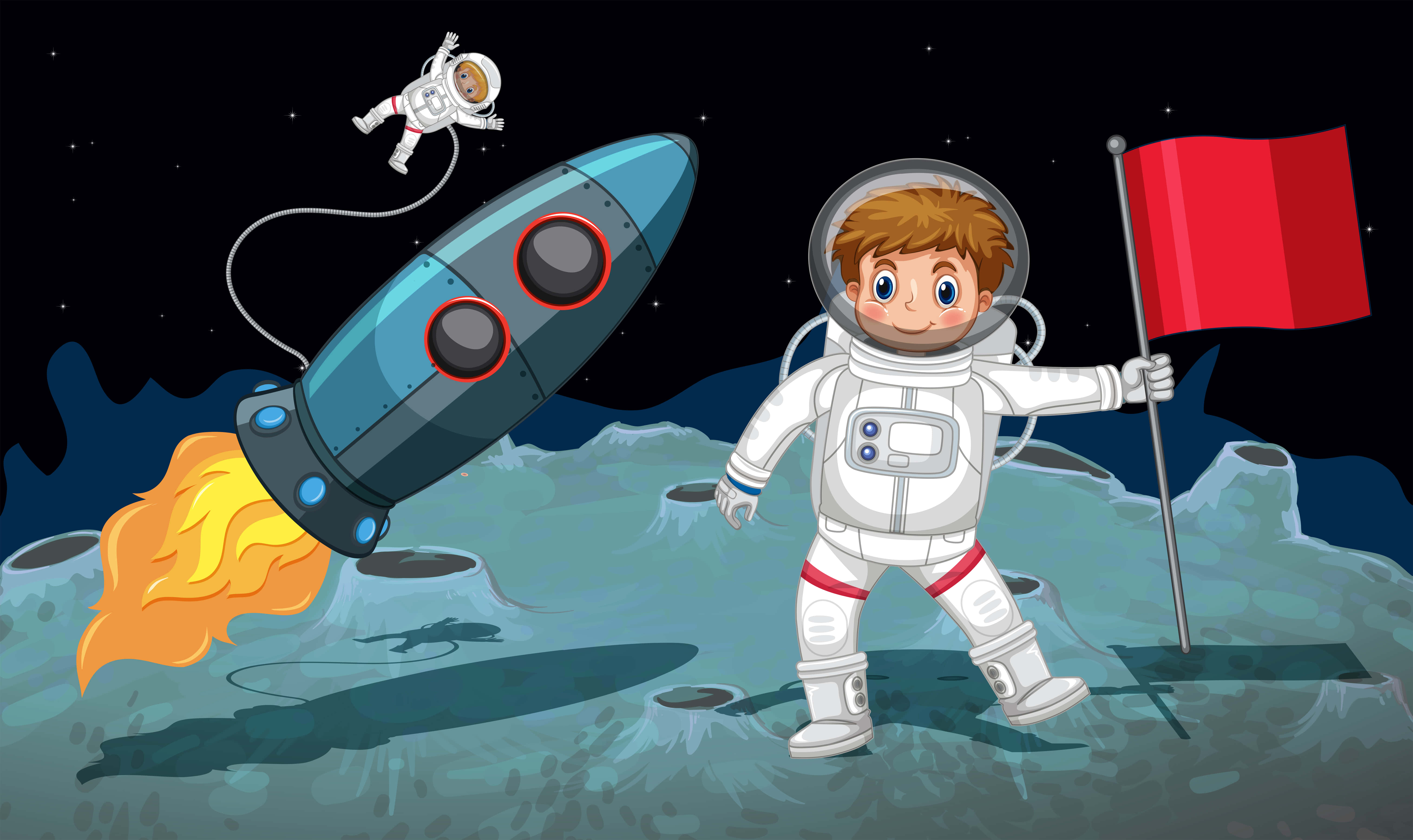 cartoon astronaut, red flag, moon-like surface, 5K Desktop Wallpaper