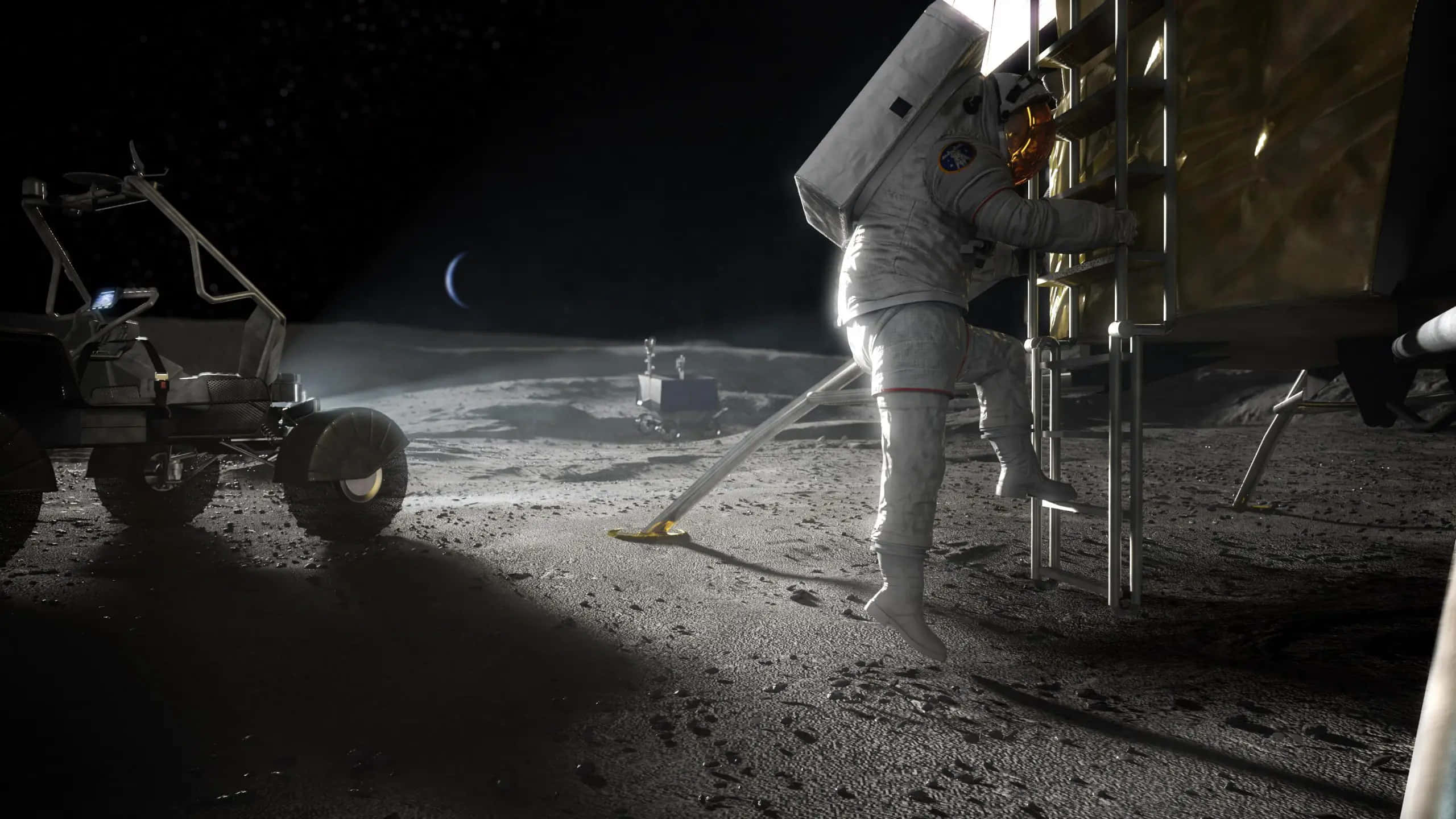 astronaut, lunar lander, barren moon surface, 2K Desktop Wallpaper