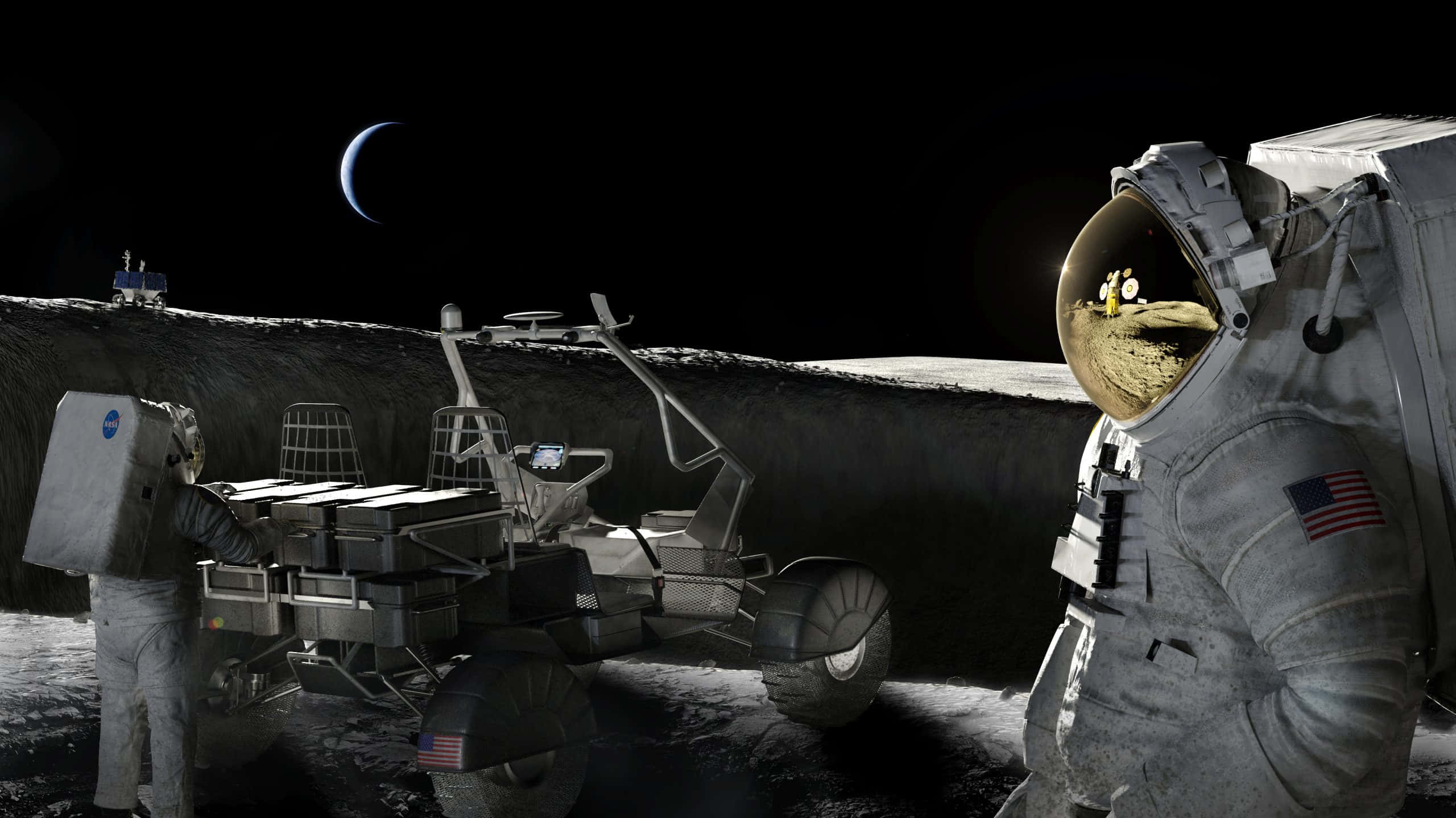 astronaut, lunar rover, moon, 2K Desktop Wallpaper