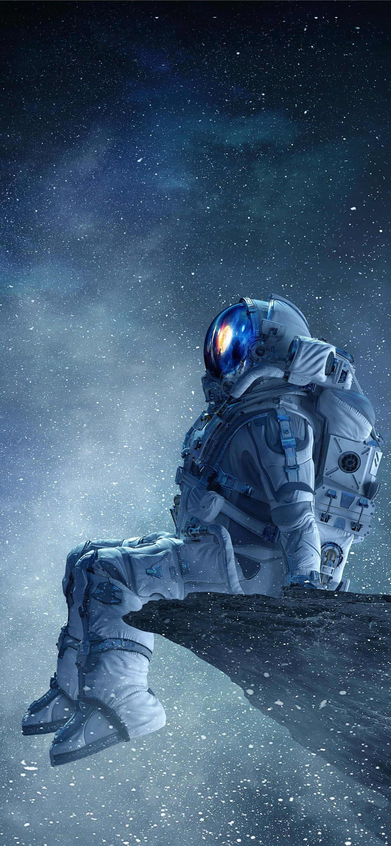 astronaut, rocky outcrop, starry cosmic backdrop, 2K Phone Wallpaper
