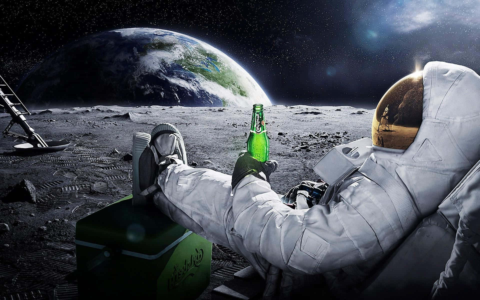 astronaut, moon, green beer bottle, Full HD Desktop Wallpaper
