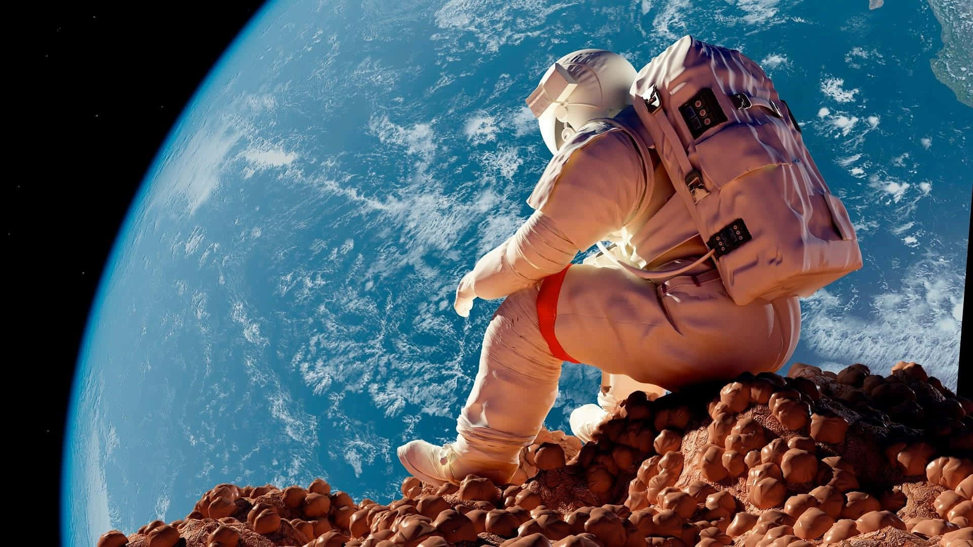 astronaut, white suit, rocky red planet, Full HD Desktop Wallpaper